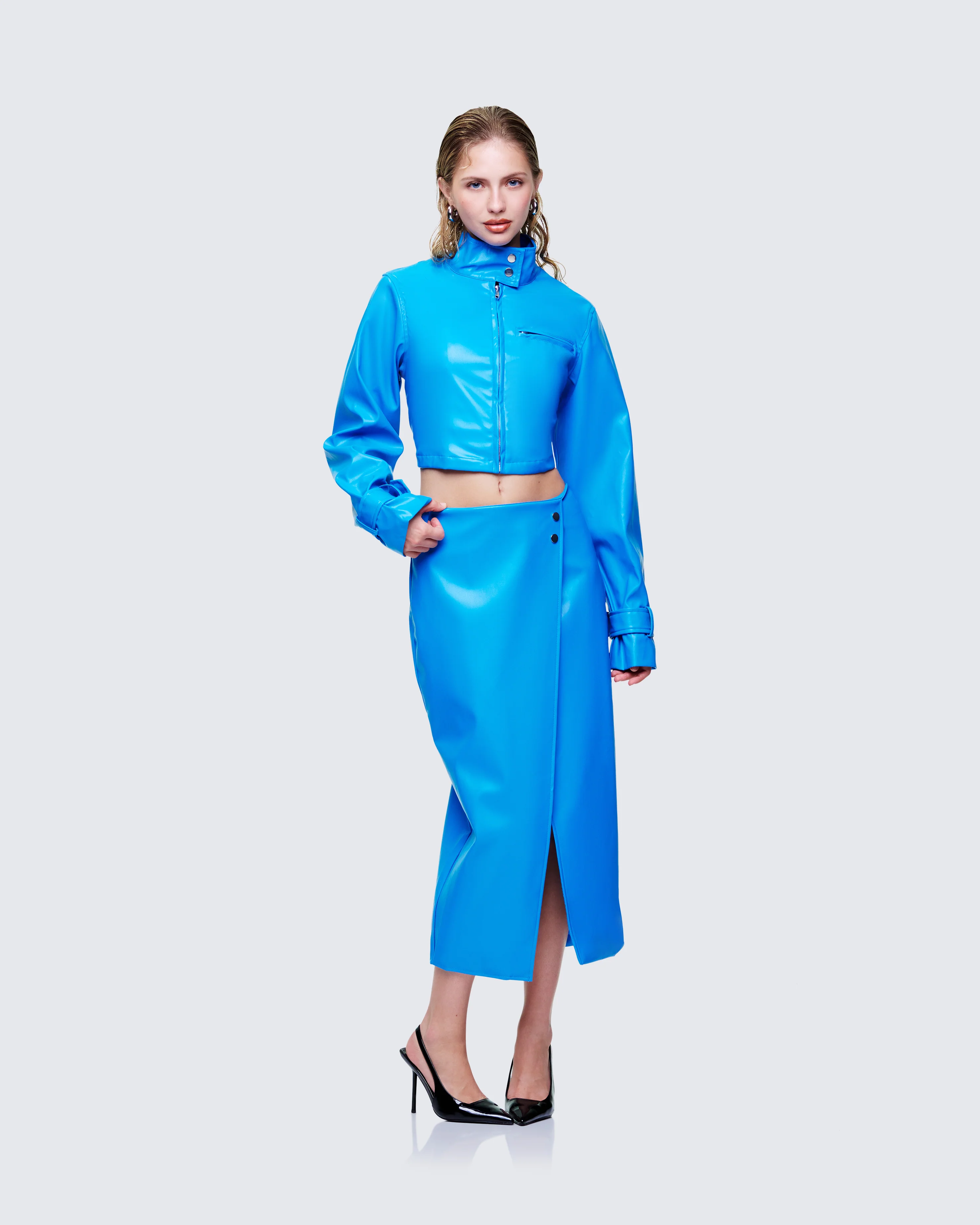 Orion Blue Vegan Leather Wrap Skirt - Image 5