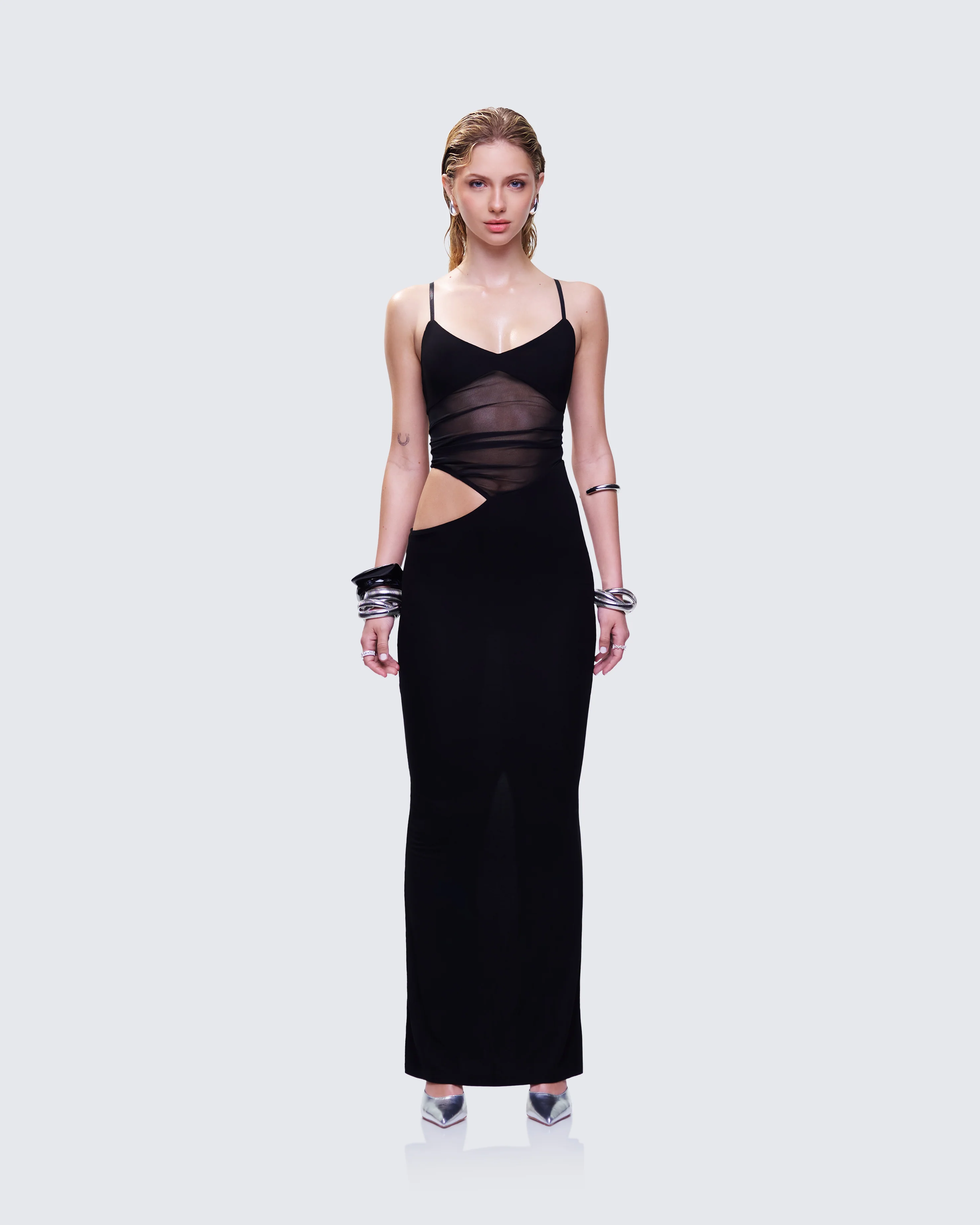 Philomena Black Mesh Window Maxi Dress - Image 4
