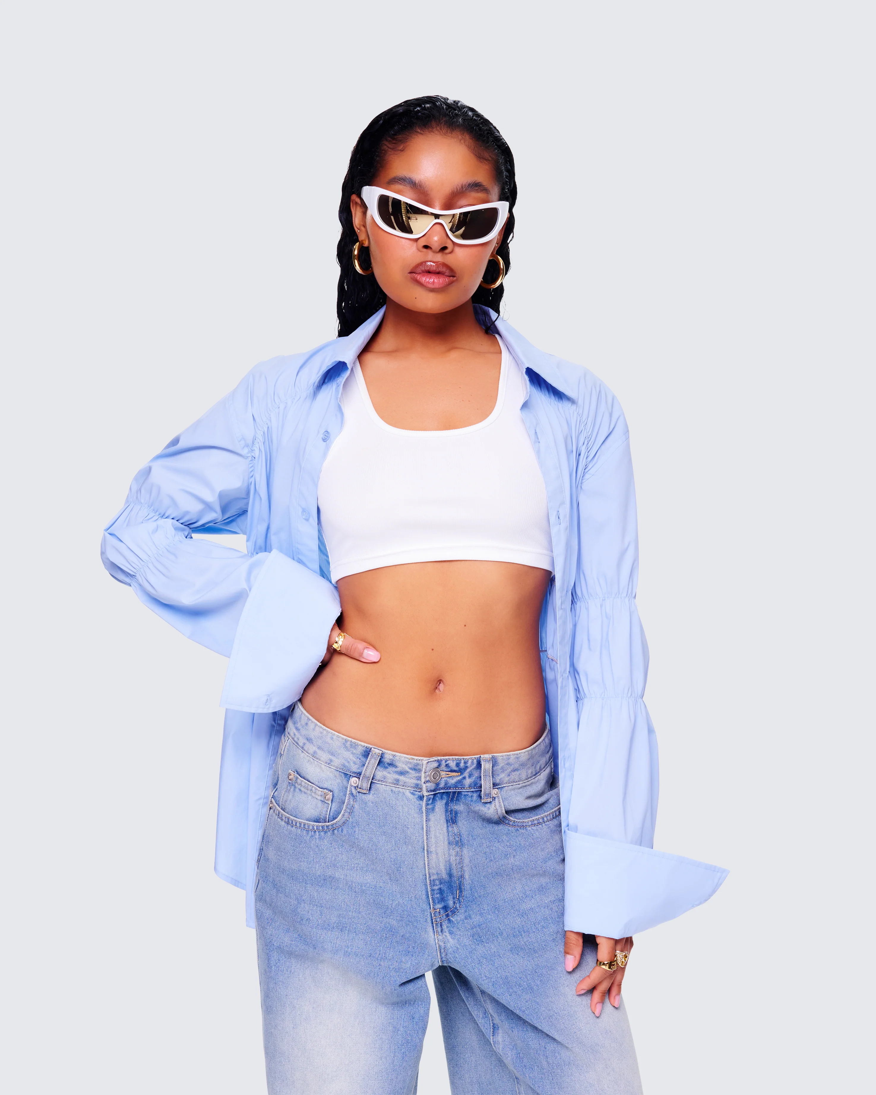 Reina Blue Poplin Ruched Shirt - Image 5