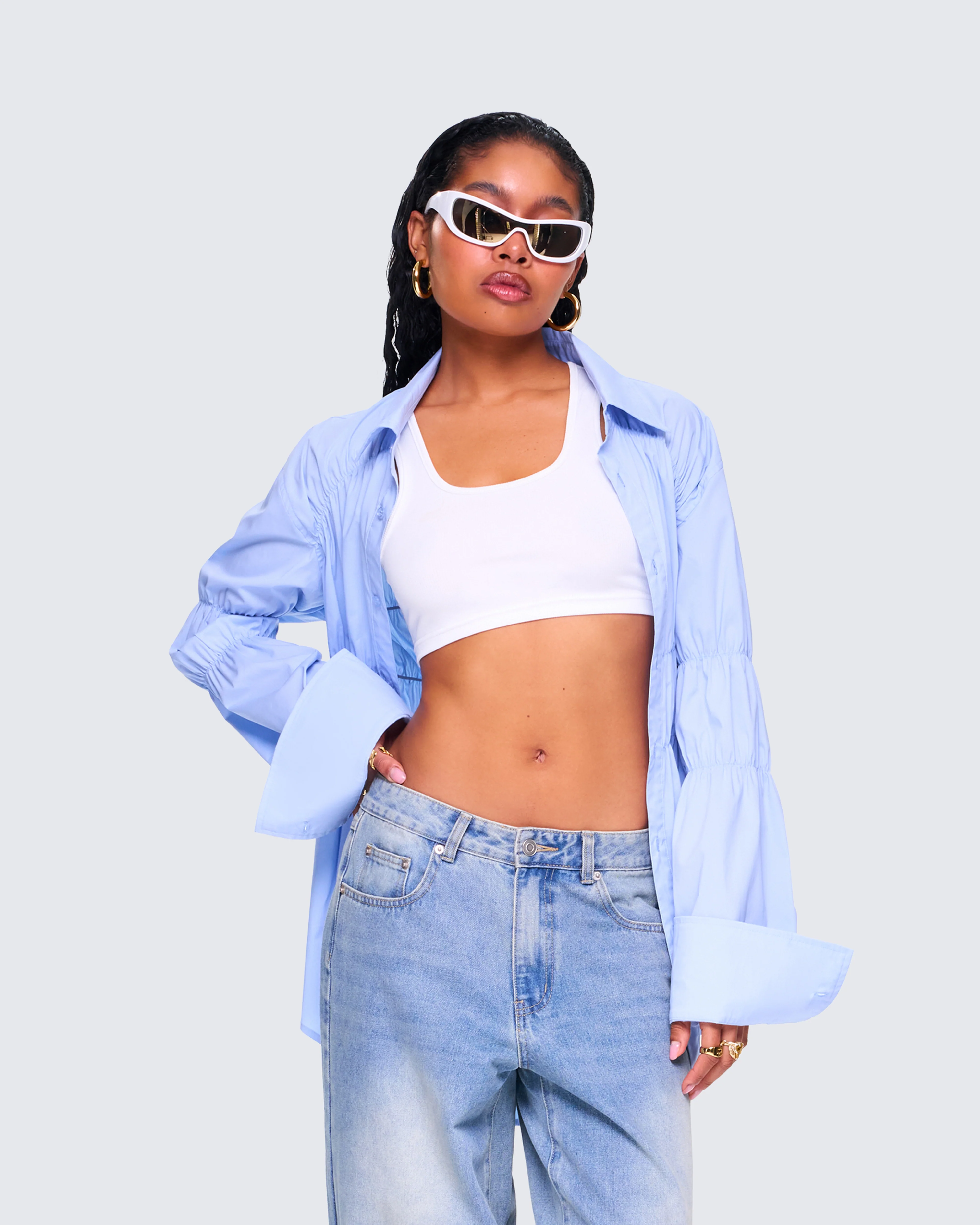 Reina Blue Poplin Ruched Shirt - Image 6