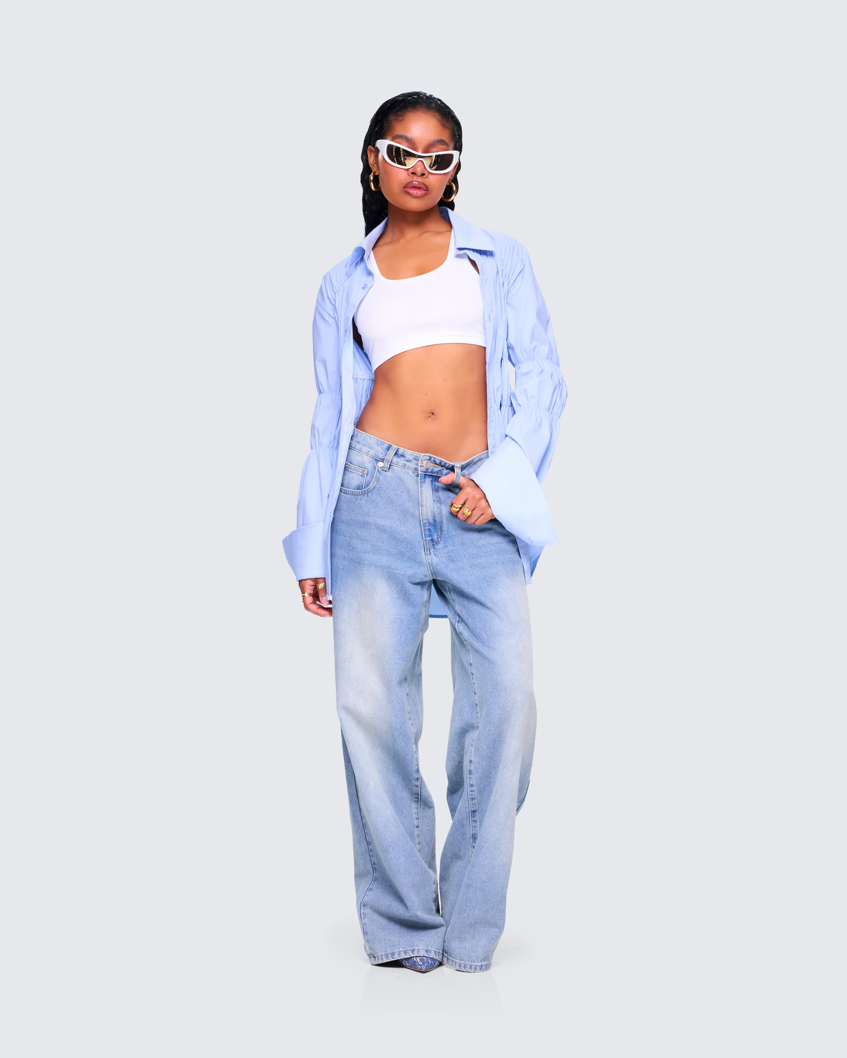 Reina Blue Poplin Ruched Shirt - Image 8