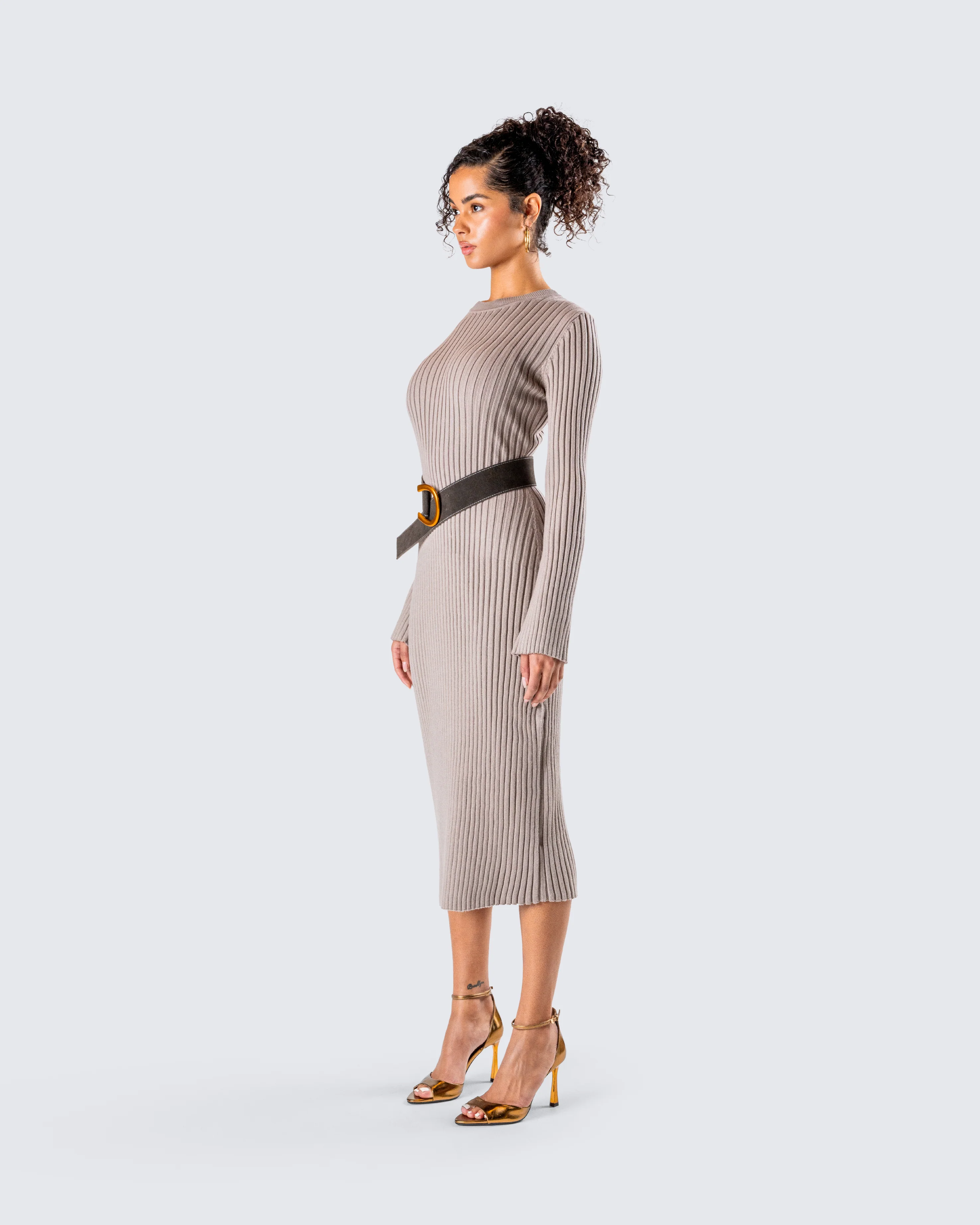 Rejina Taupe Wide Rib Midi Dress - Image 5