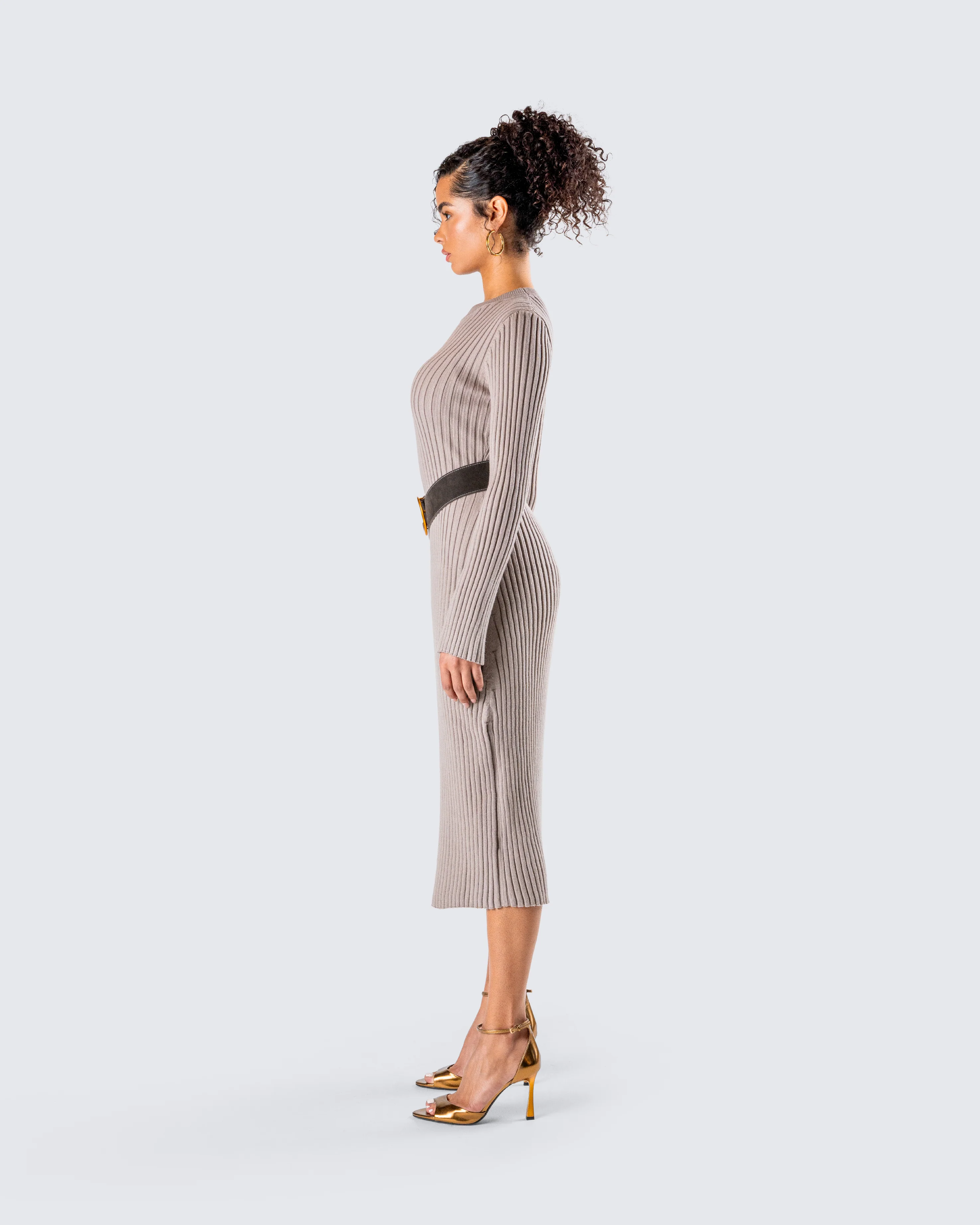 Rejina Taupe Wide Rib Midi Dress - Image 6