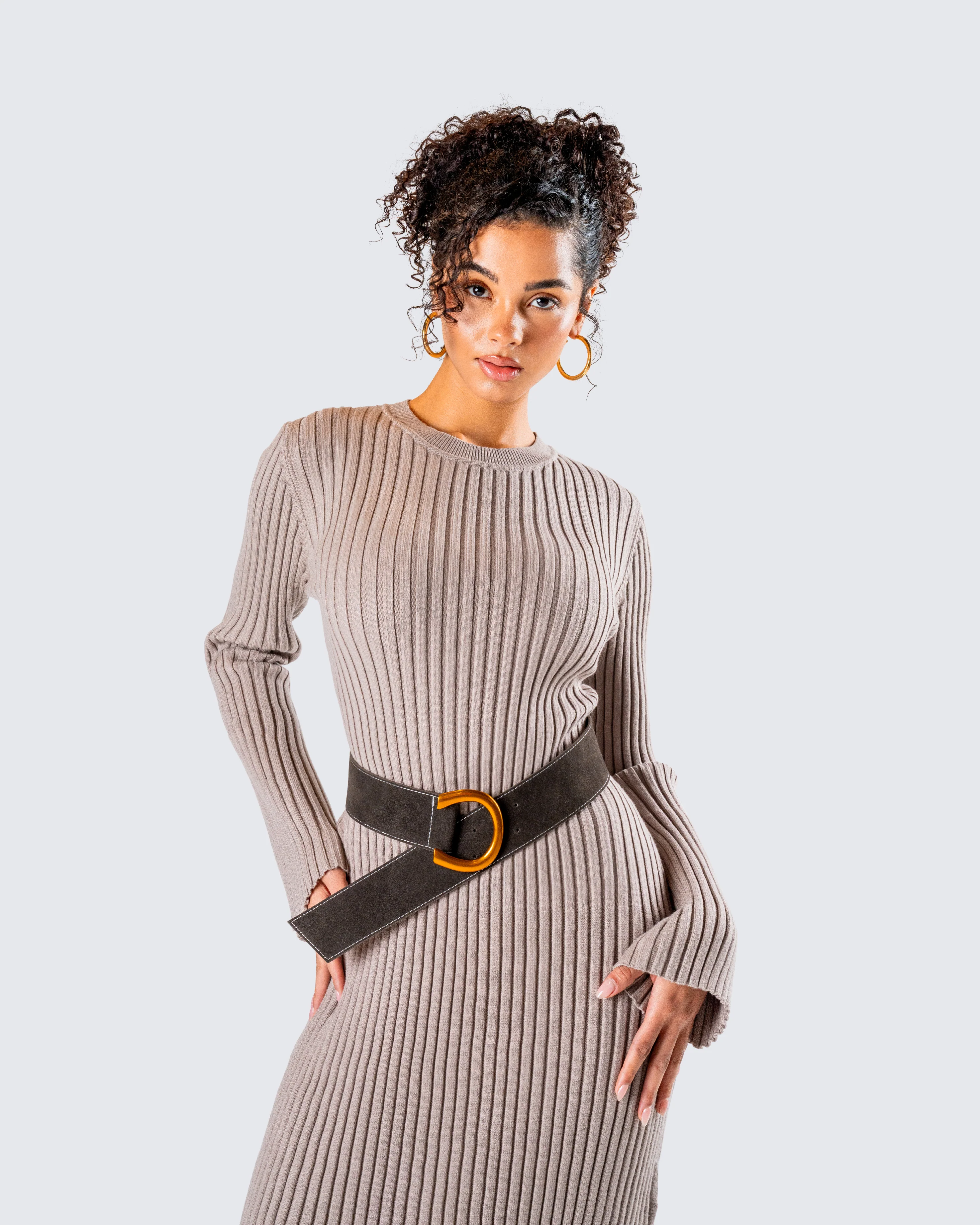 Rejina Taupe Wide Rib Midi Dress - Image 9
