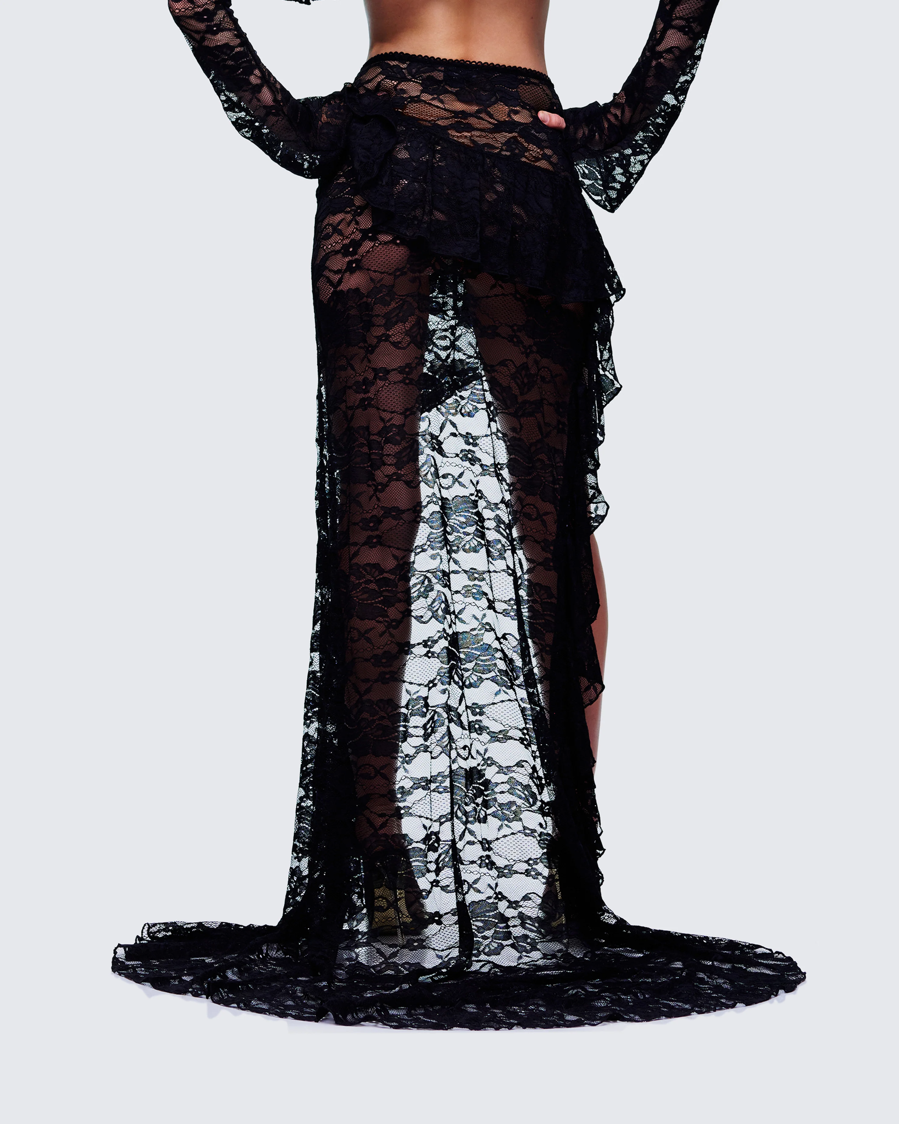 Rina Black Lace Asymmetrical Hem Ruffle Skirt - Image 4