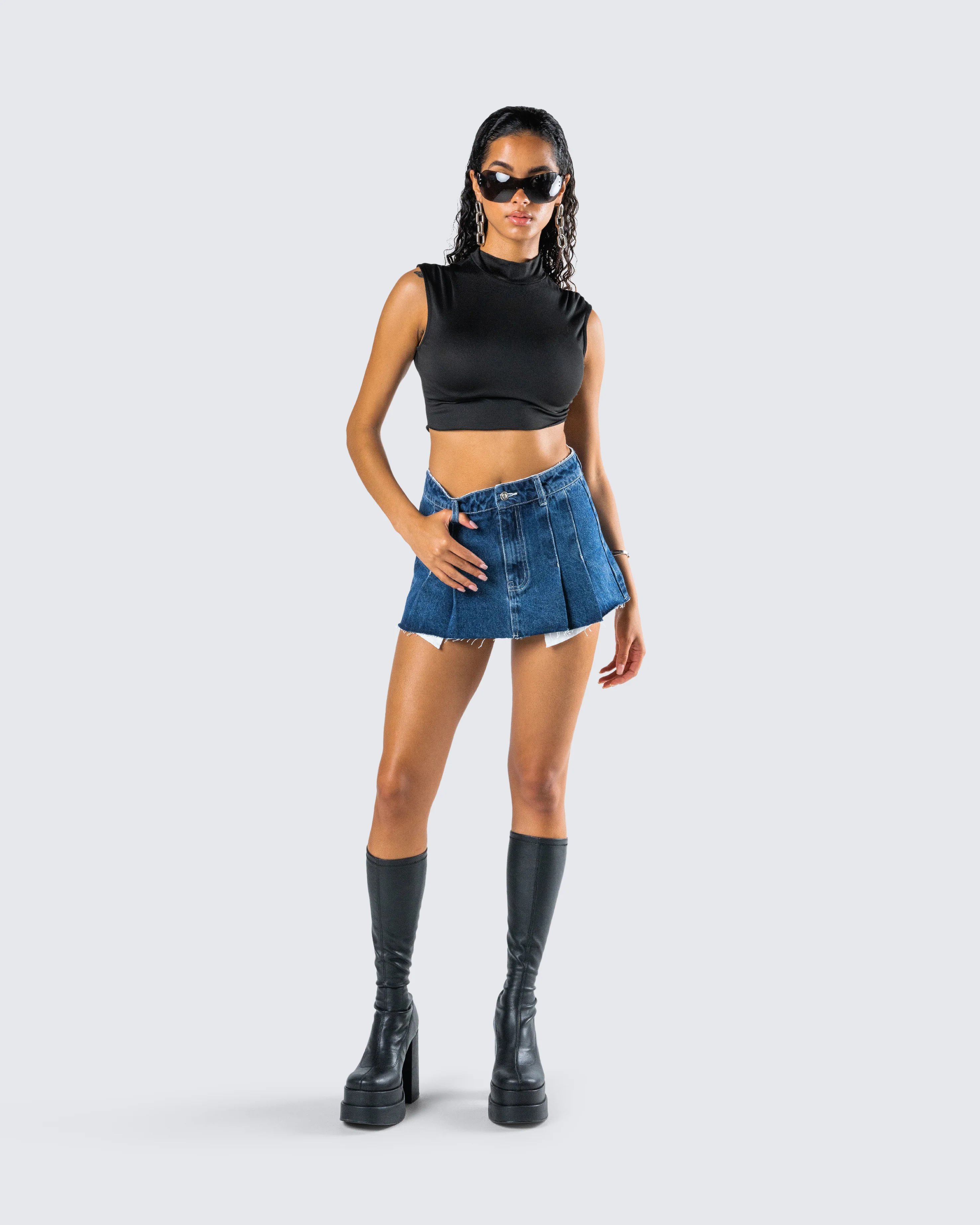 Robyn Pleated Denim Mini Skirt - Image 9