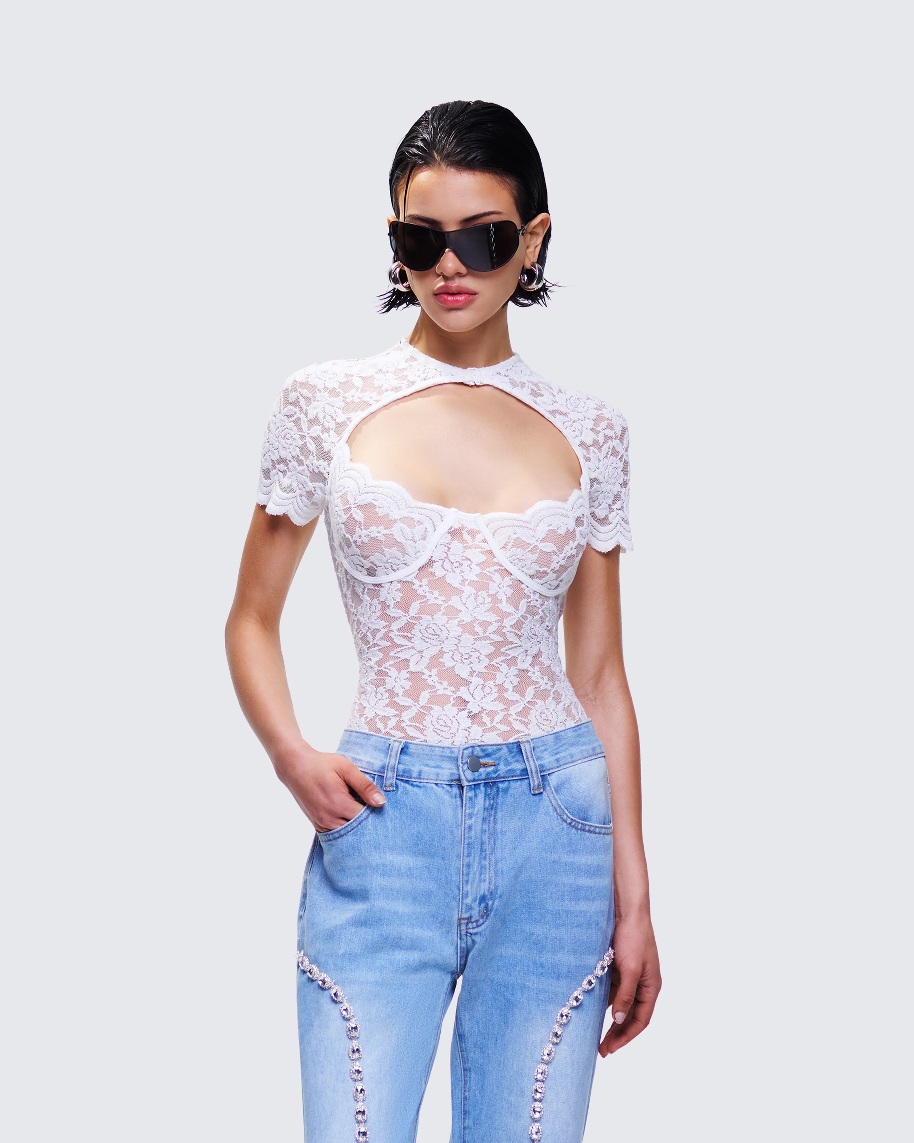 Romona White Lace Cut Out Bodysuit - Image 5