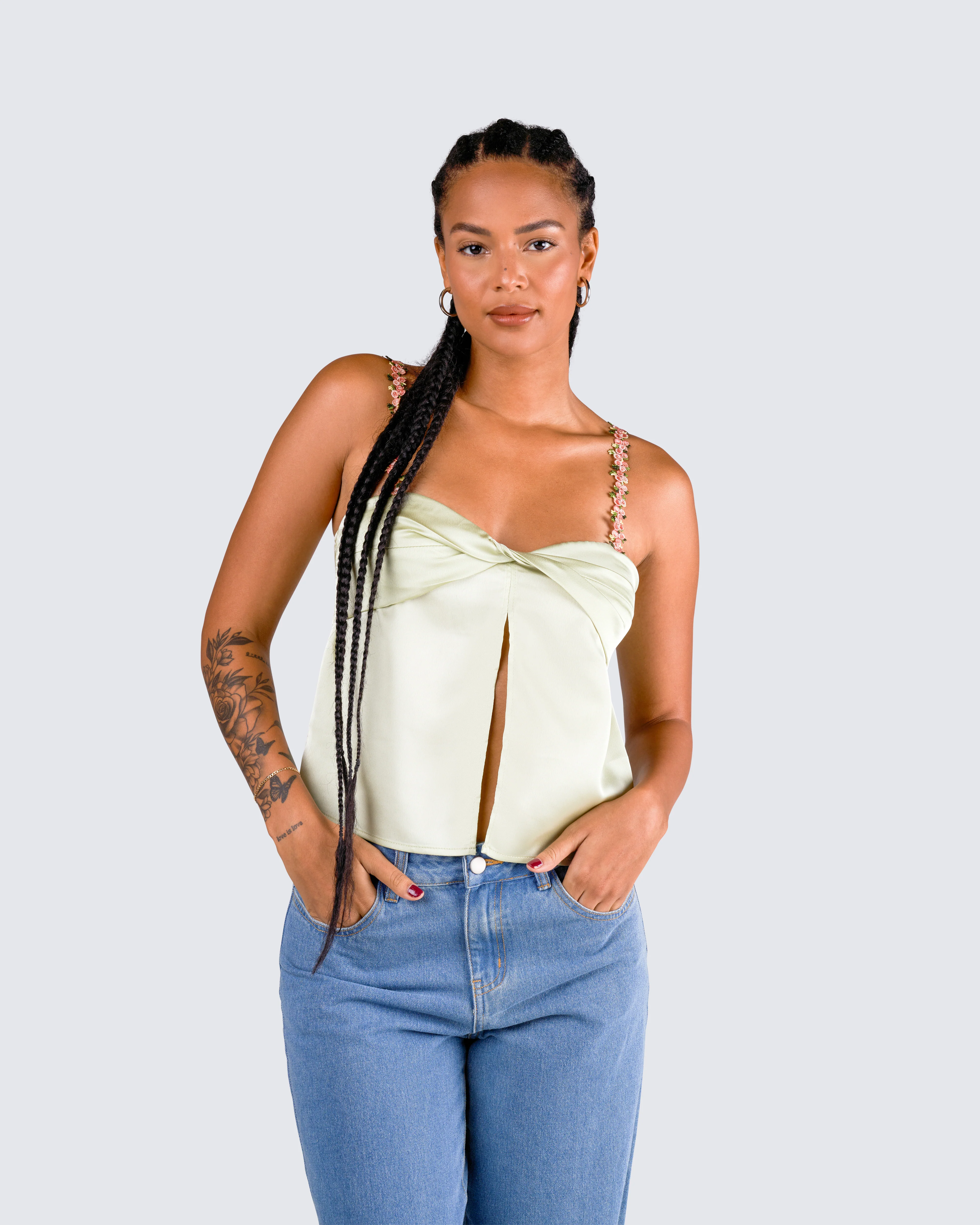 Rosella Olive Satin Twist Top - Image 8