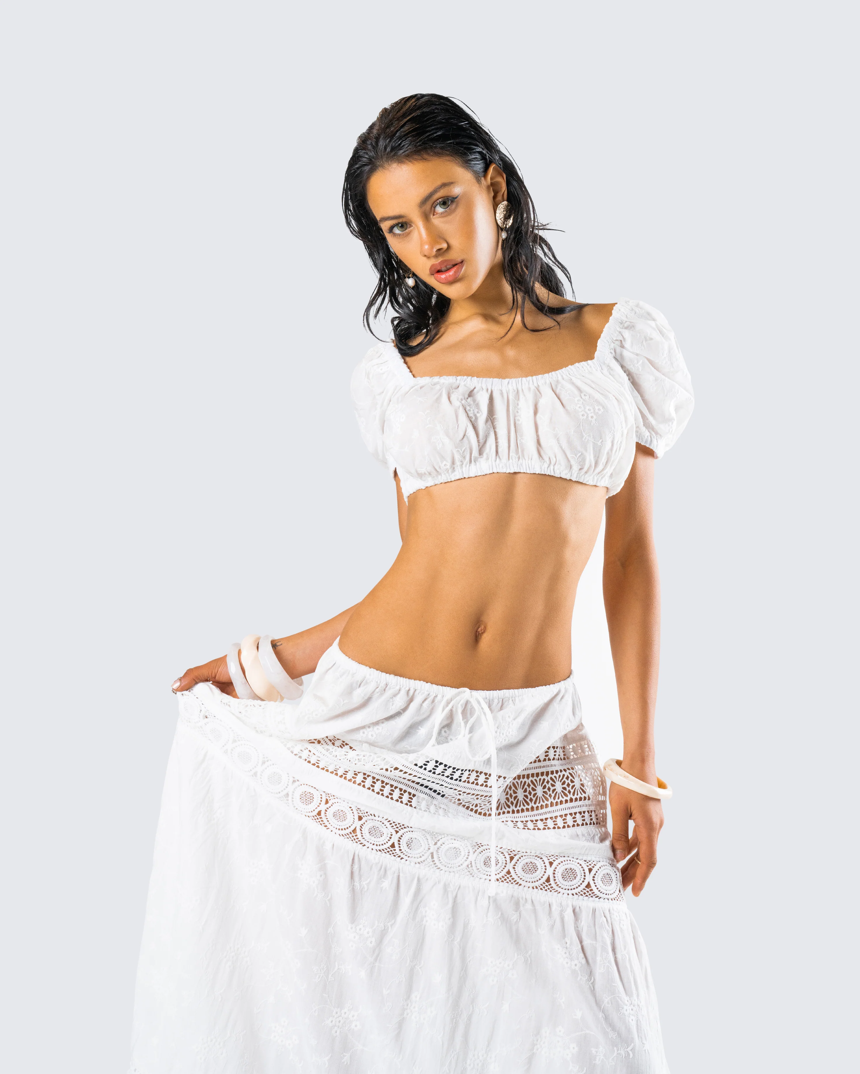 Rue White Cotton Floral Crop Top - Image 8