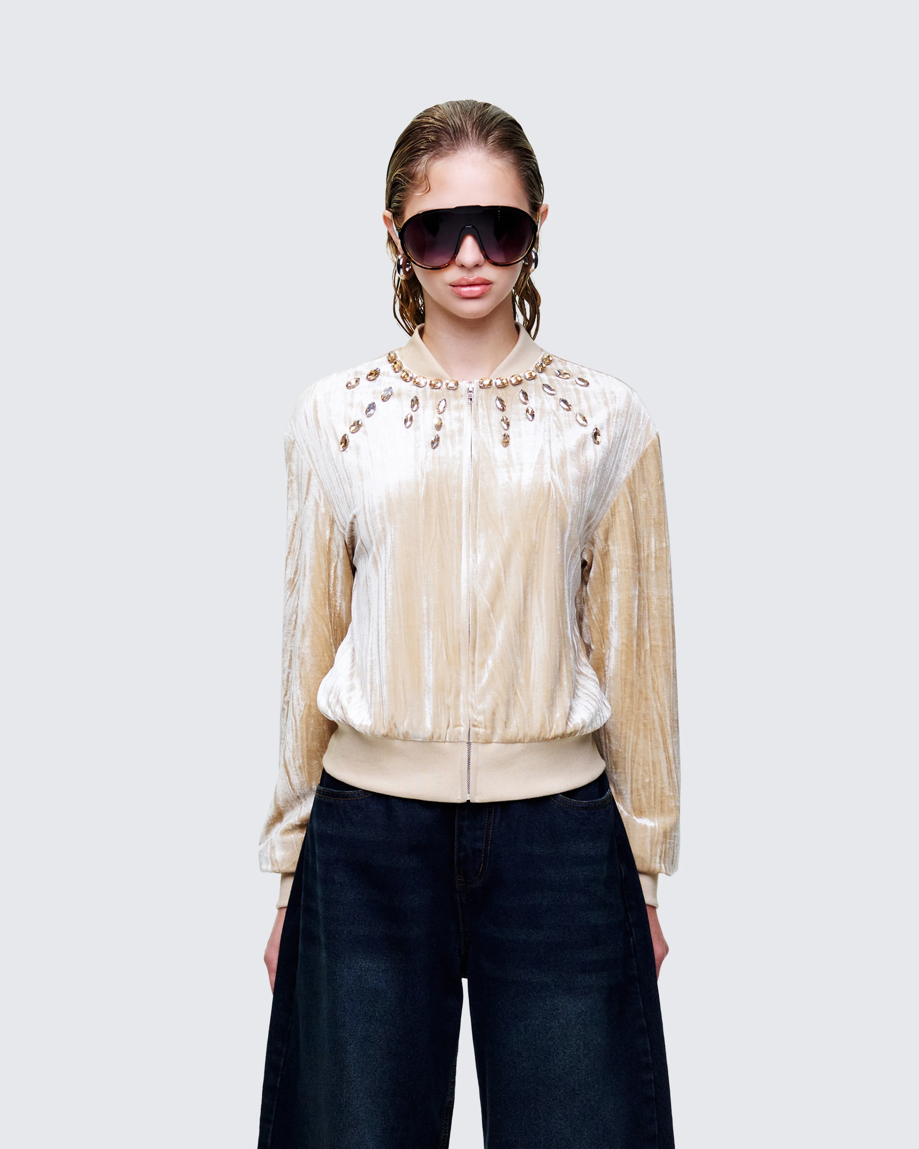 Runa Beige Velour Embellished Jacket - Image 2