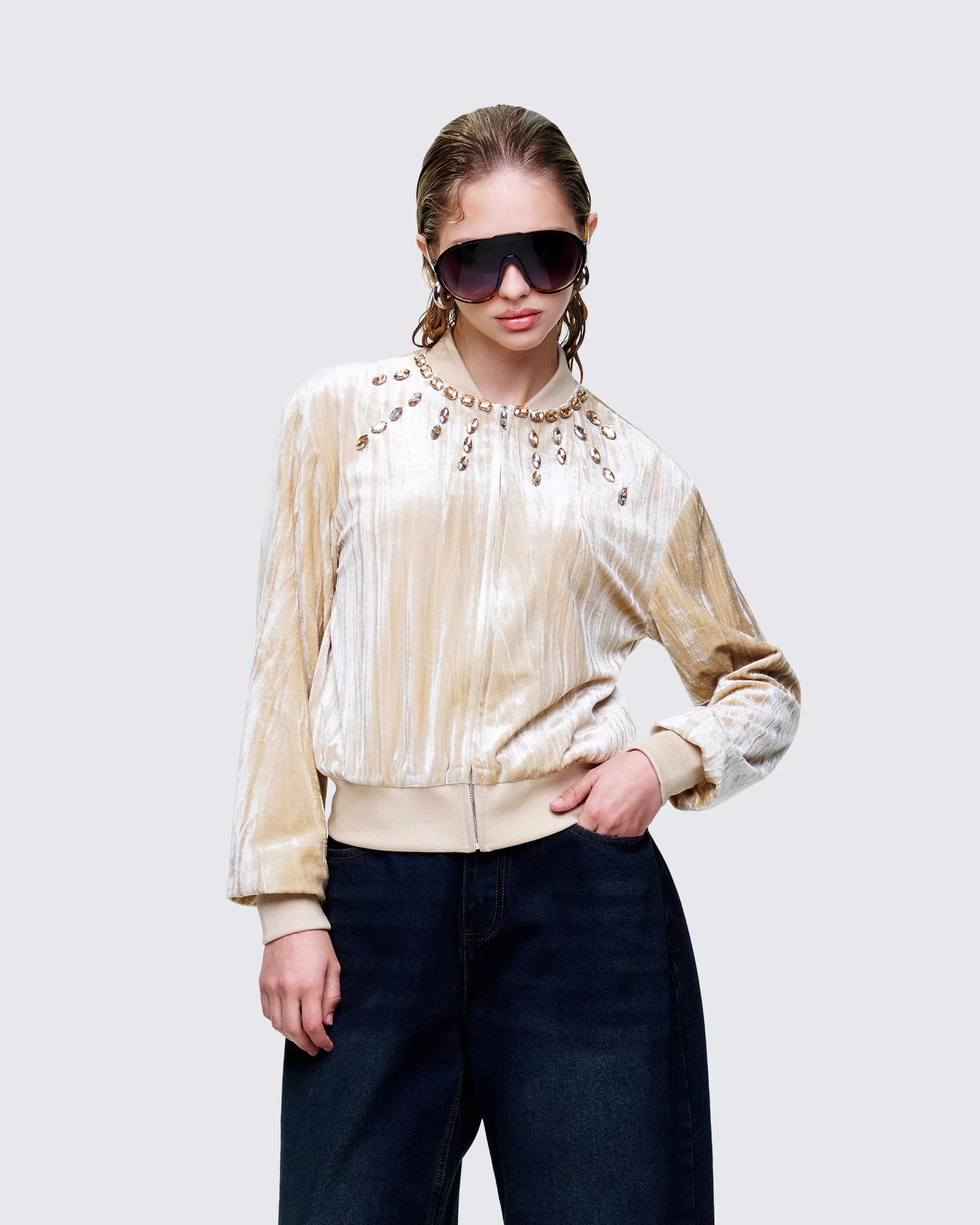 Runa Beige Velour Embellished Jacket - Image 3