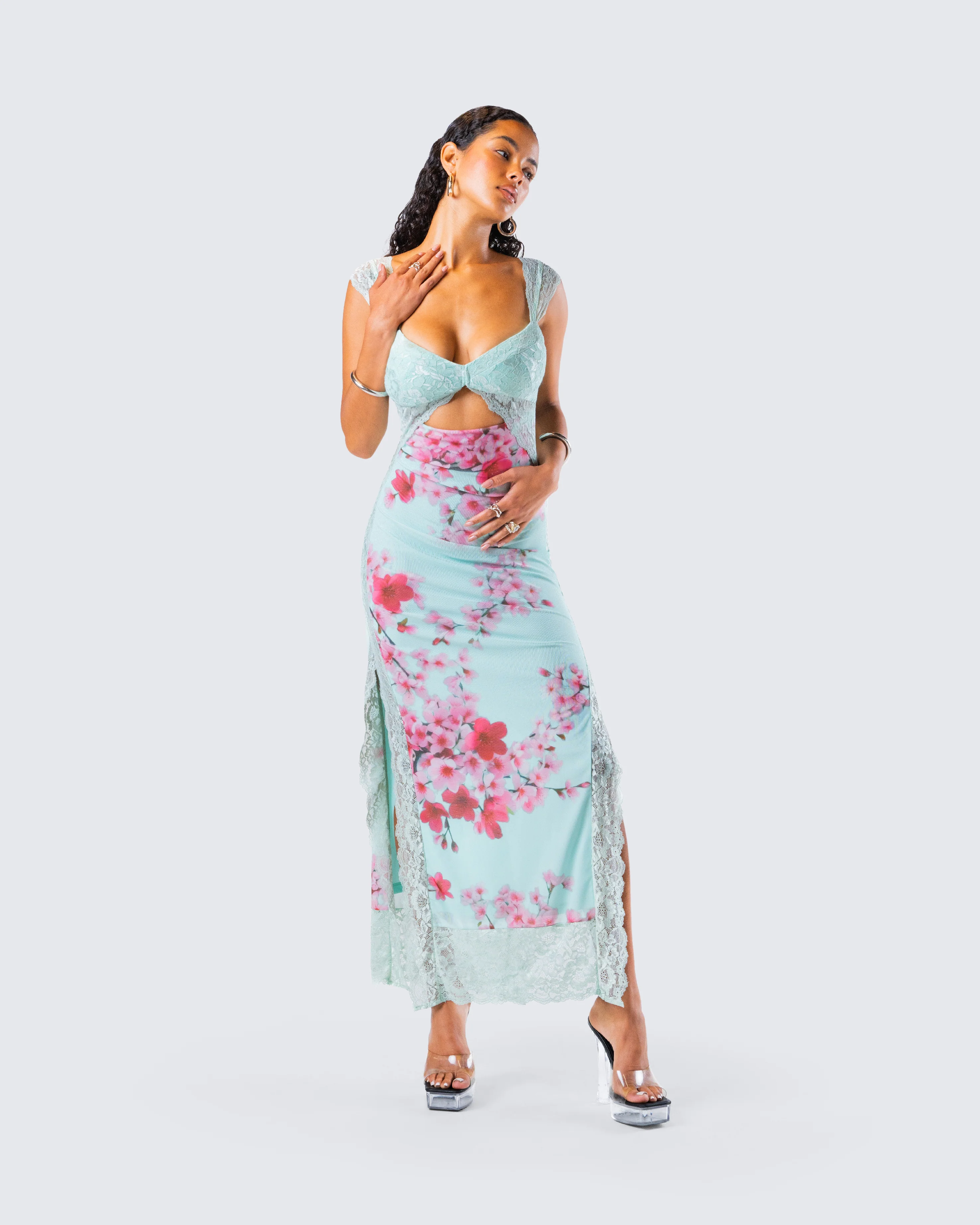 Ryliana Green Floral Mesh Maxi Dress - Image 8
