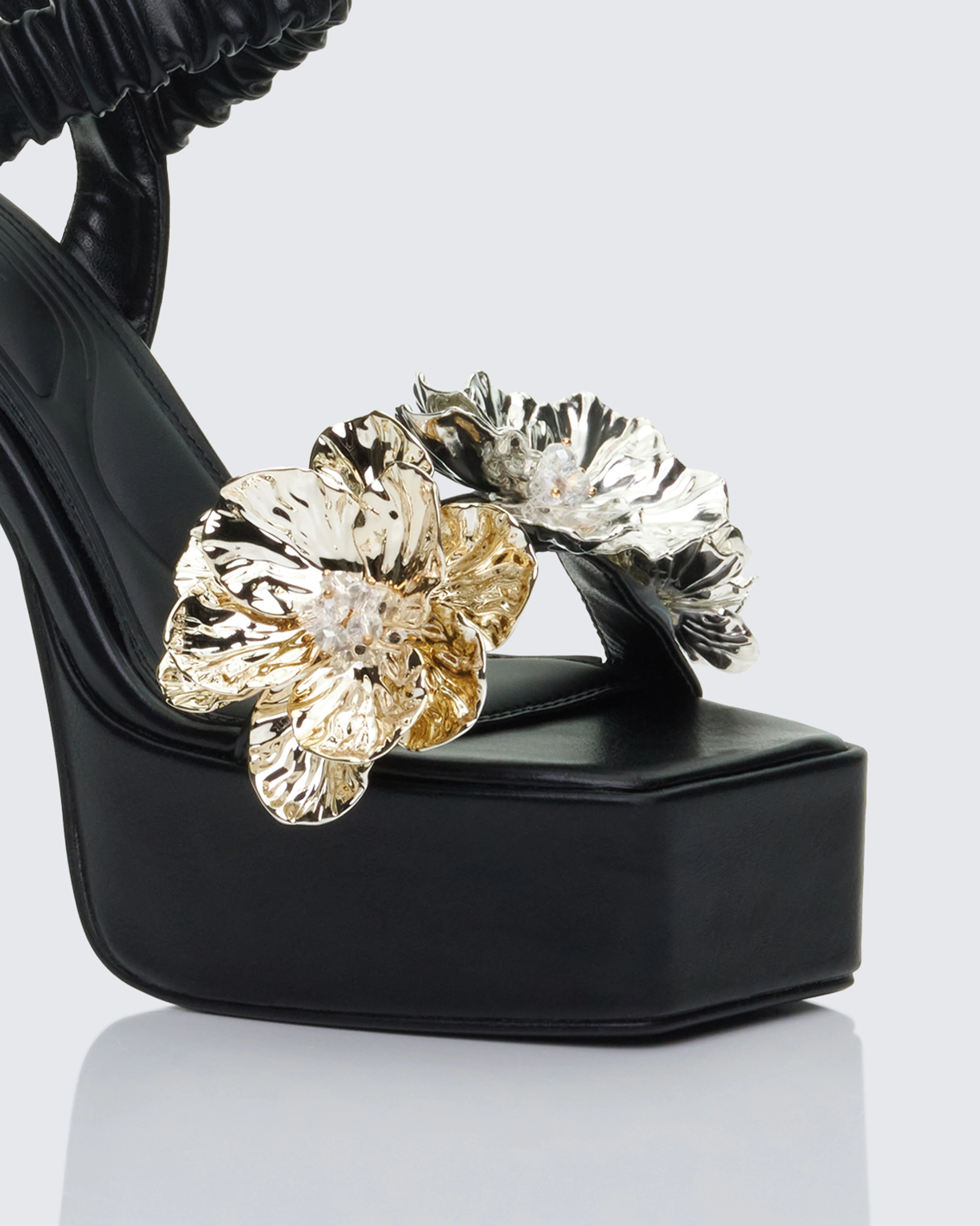 Sam Black Flower Platform Sandal With Scrunchie Strap - Image 4