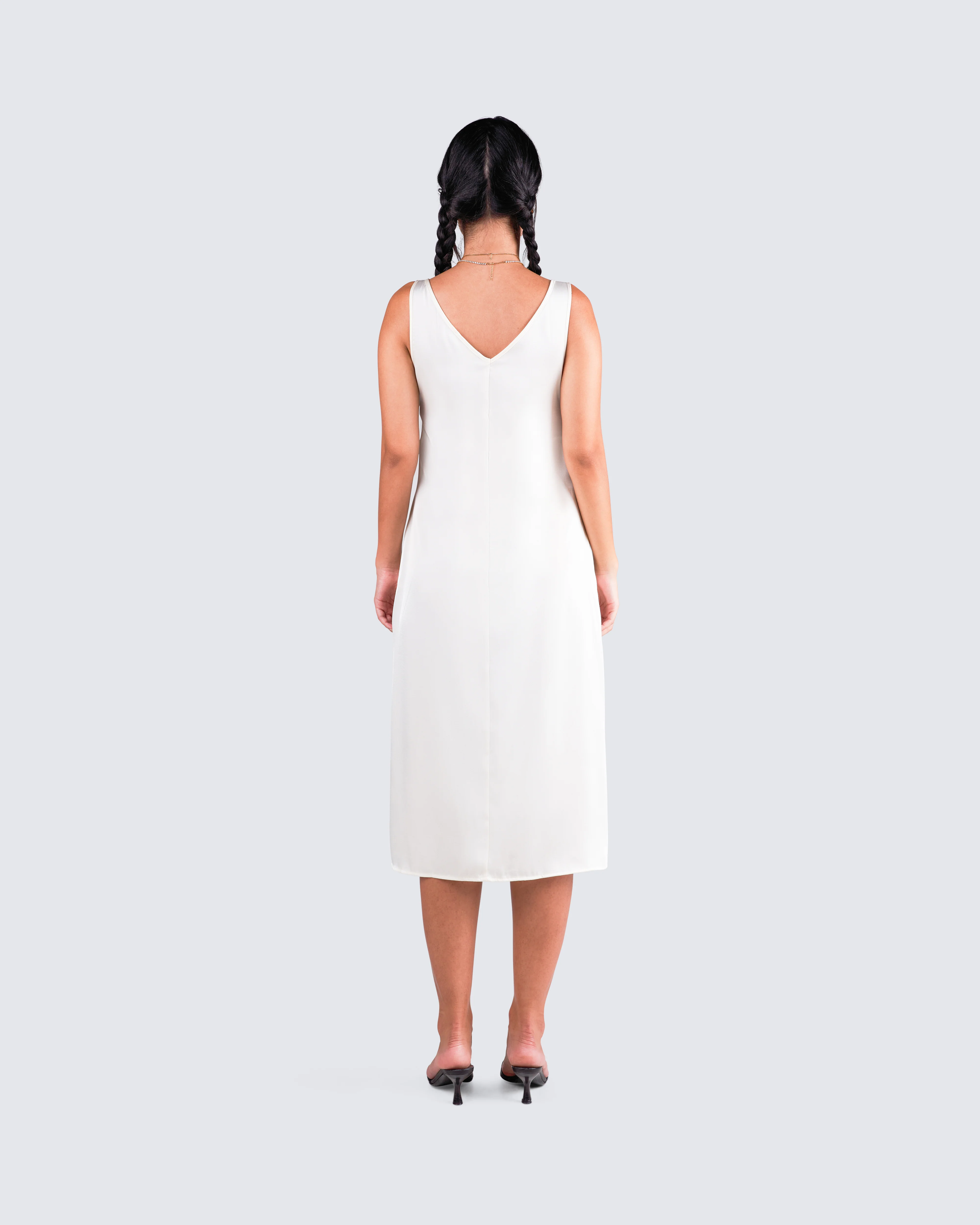 Saskia White Satin Slit Midi Dress - Image 6