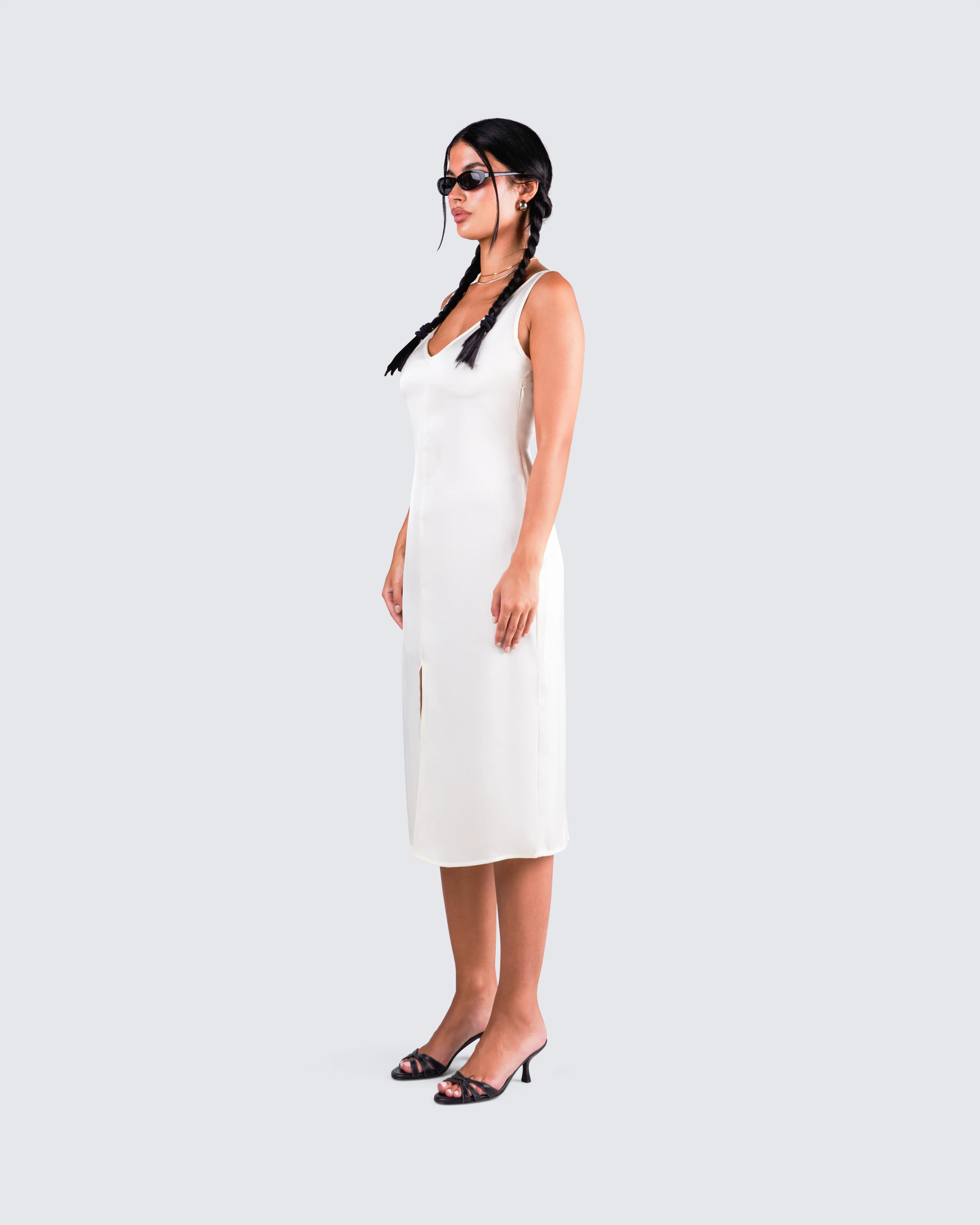 Saskia White Satin Slit Midi Dress - Image 7