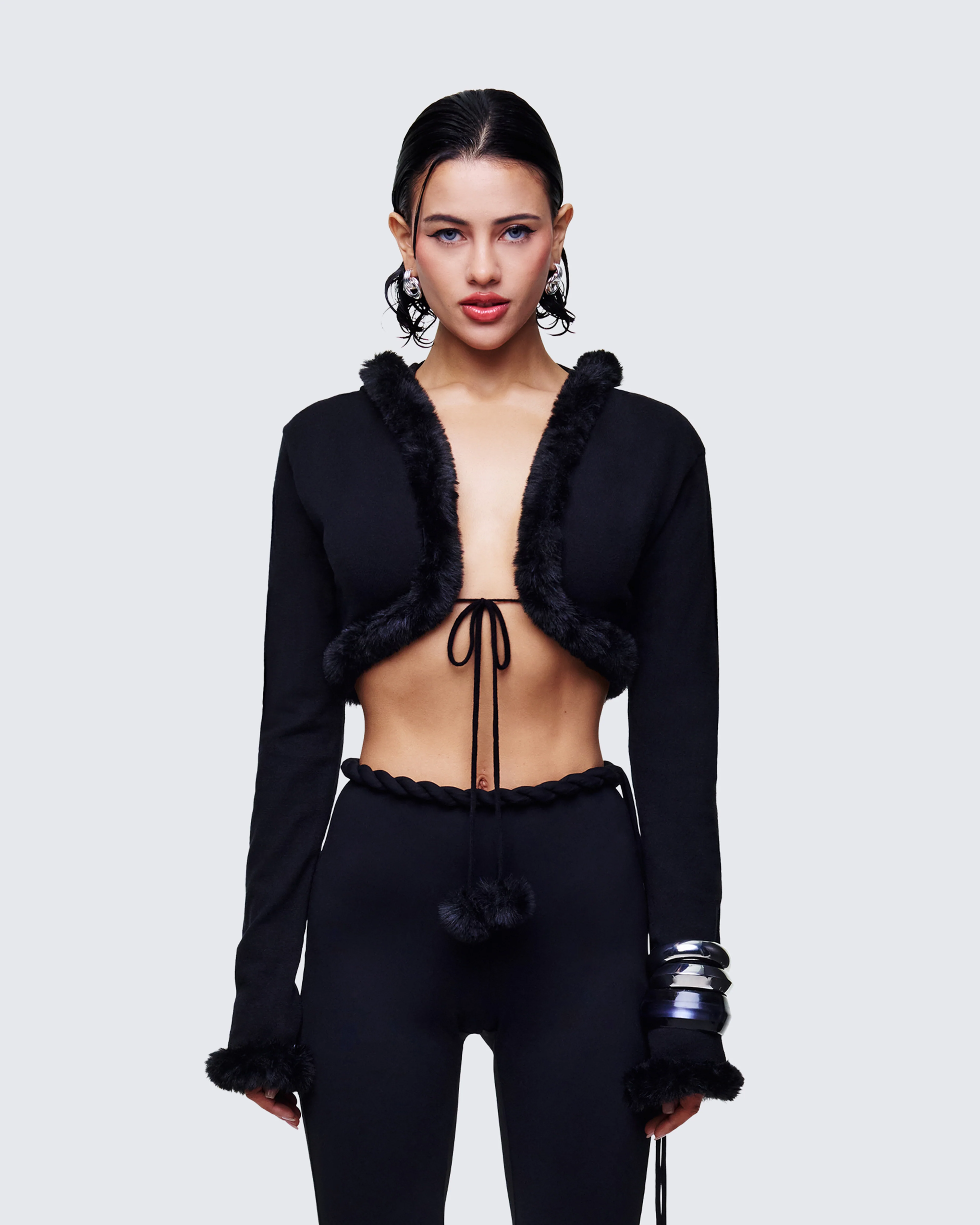 Shoshana Black Fur Trimmed Bow Tied Cardigan - Image 2
