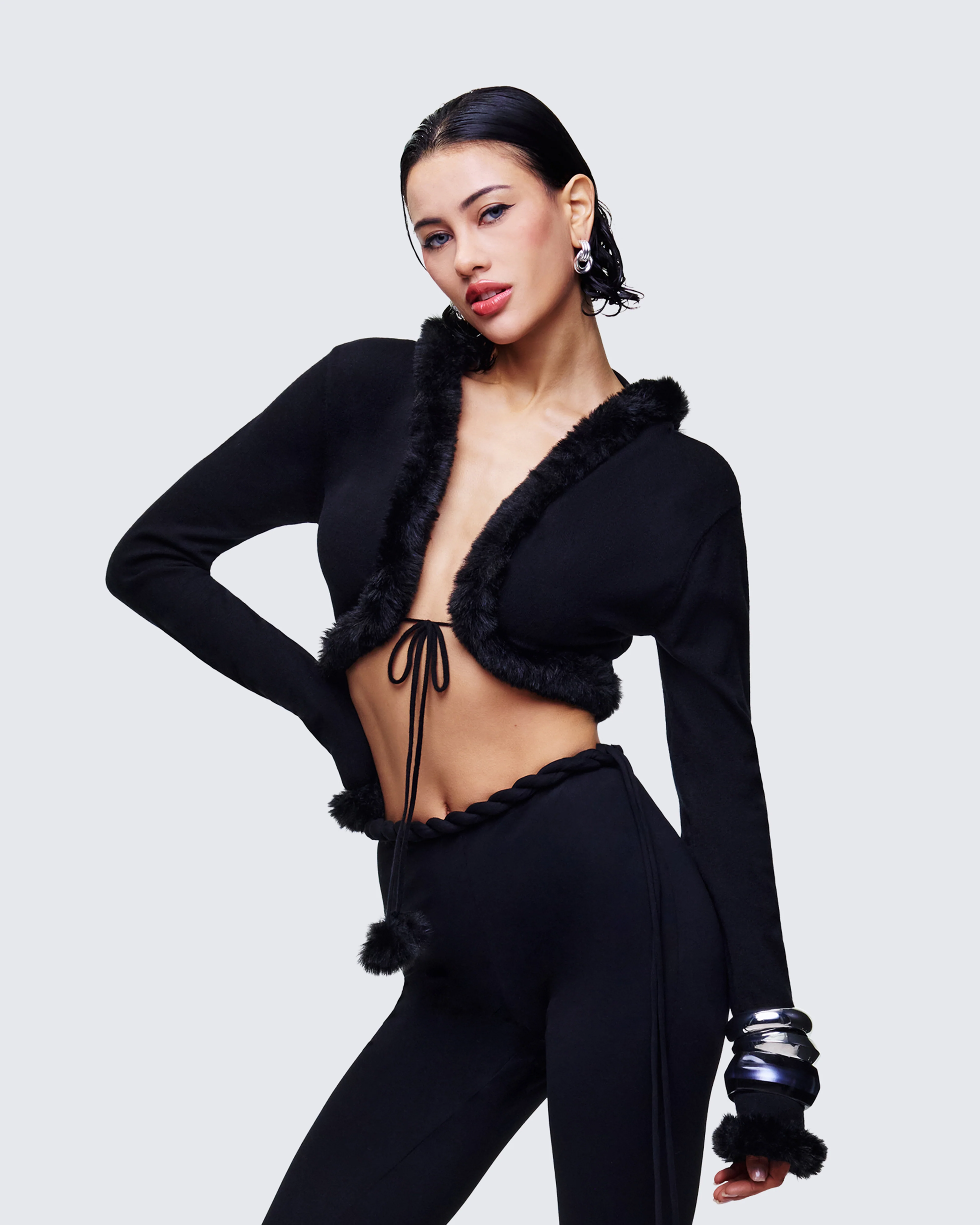 Shoshana Black Fur Trimmed Bow Tied Cardigan - Image 3