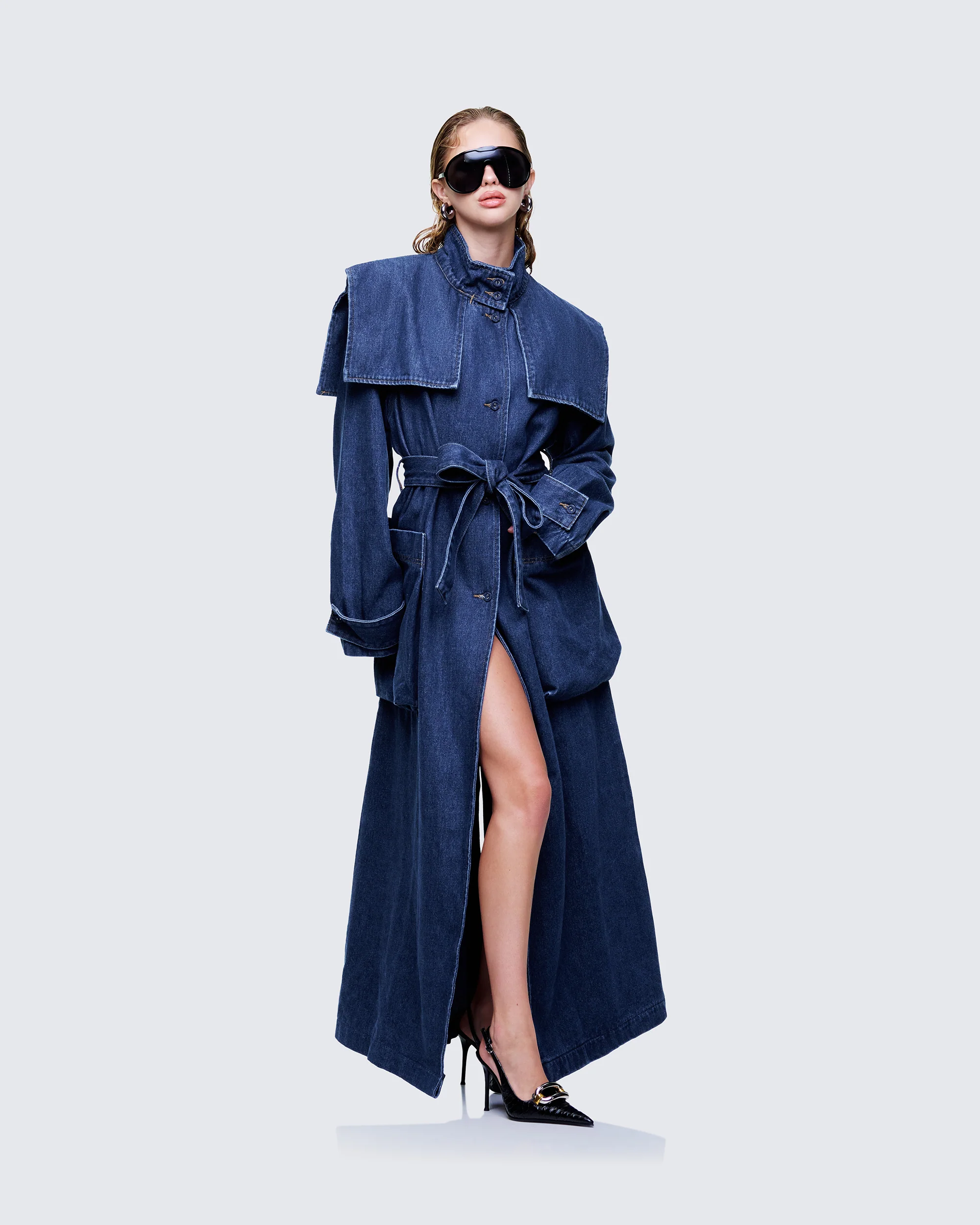 Siaz Blue Belted Maxi Denim Mac - Image 2