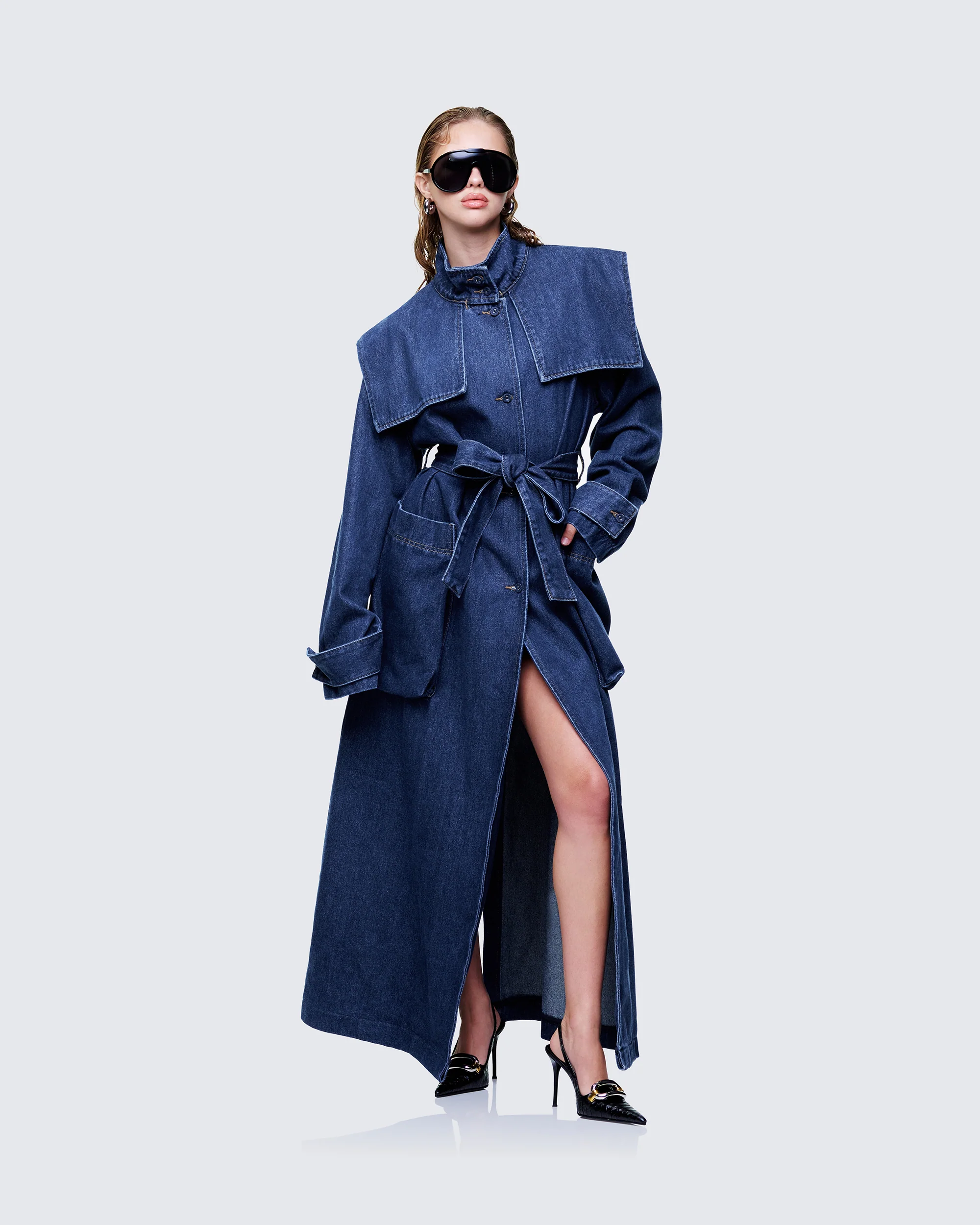 Siaz Blue Belted Maxi Denim Mac - Image 3