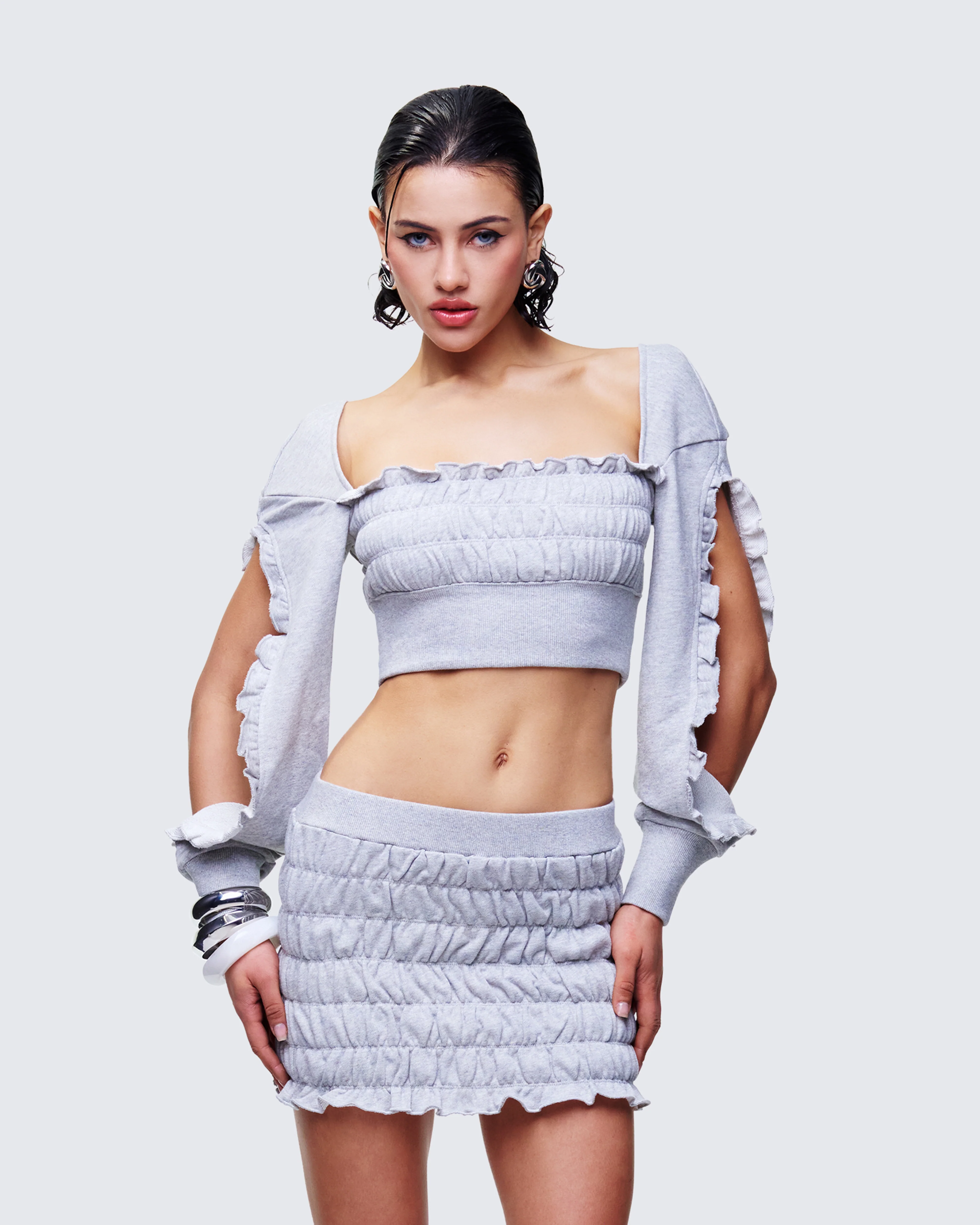 Sonet Grey Knit Ruffle Edge Open Sleeve Top - Image 3