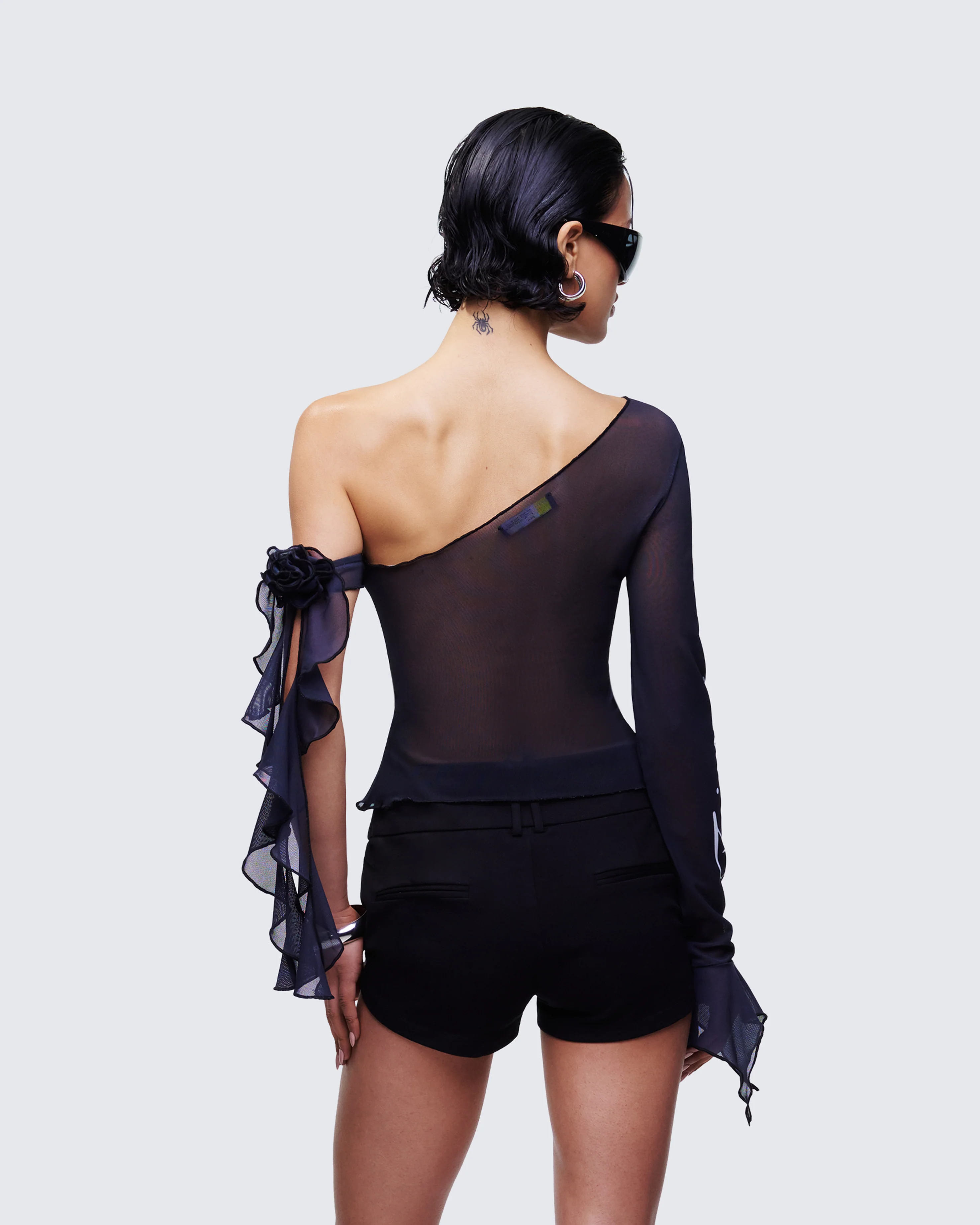 Sylphine Black Printed Mesh Asymmetric Top - Image 4
