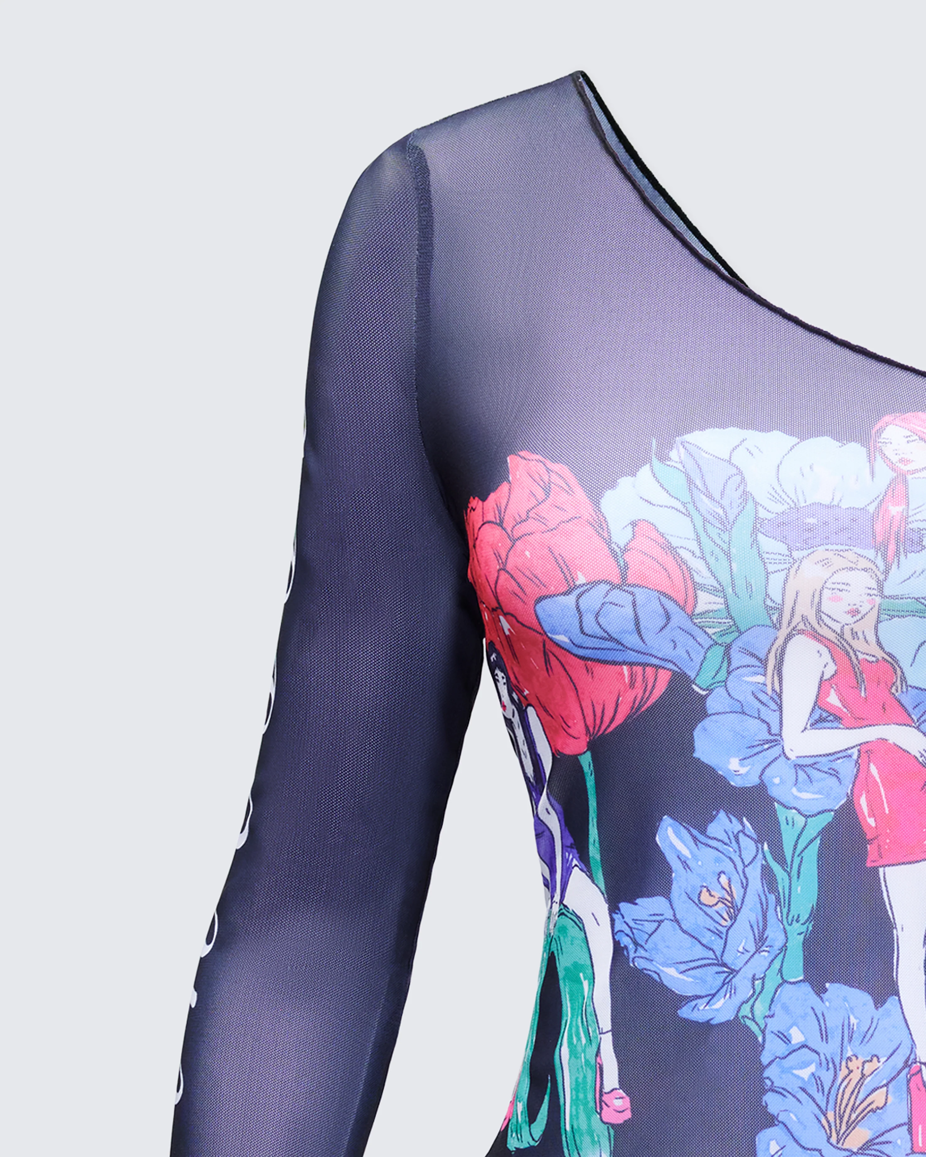 Sylphine Black Printed Mesh Asymmetric Top - Image 6