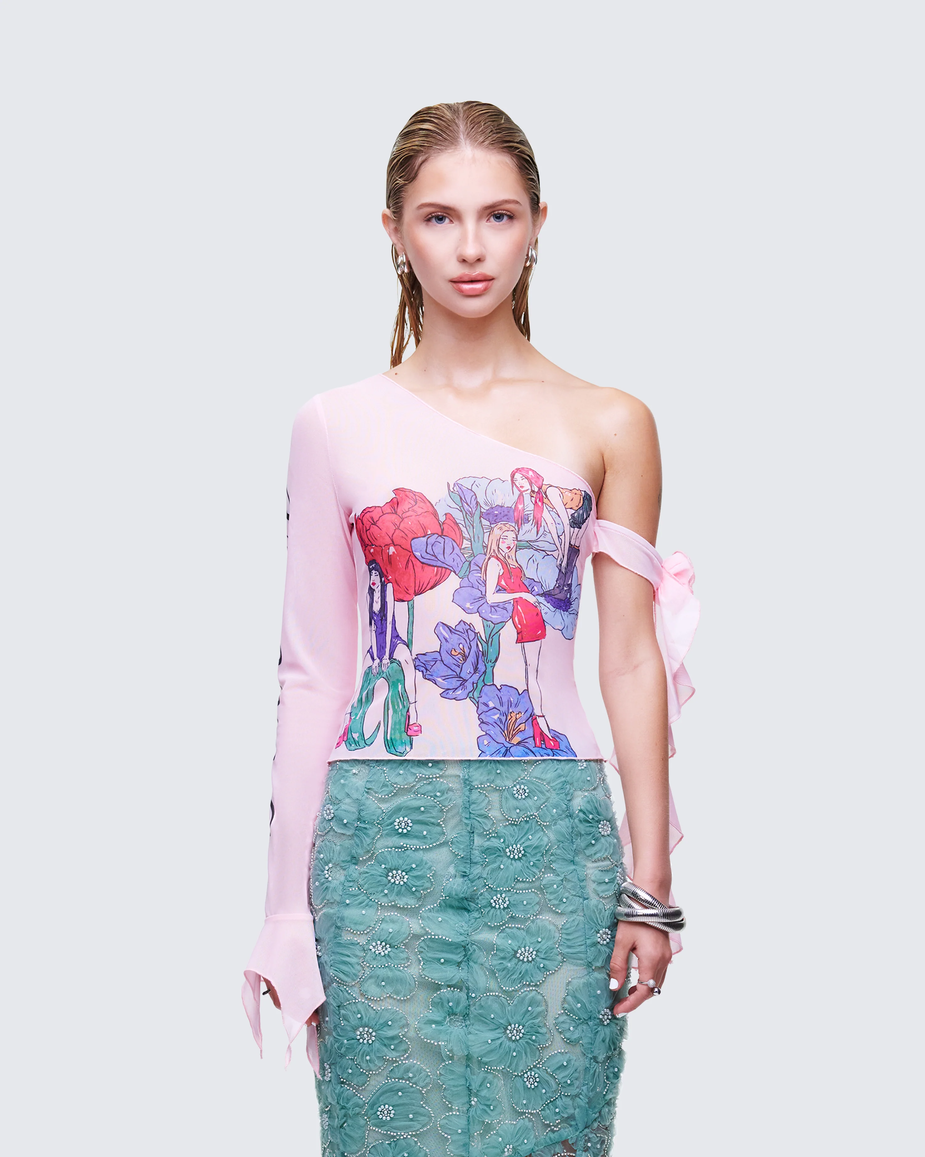 Sylphine Pink Printed Mesh Asymmetric Top - Image 2