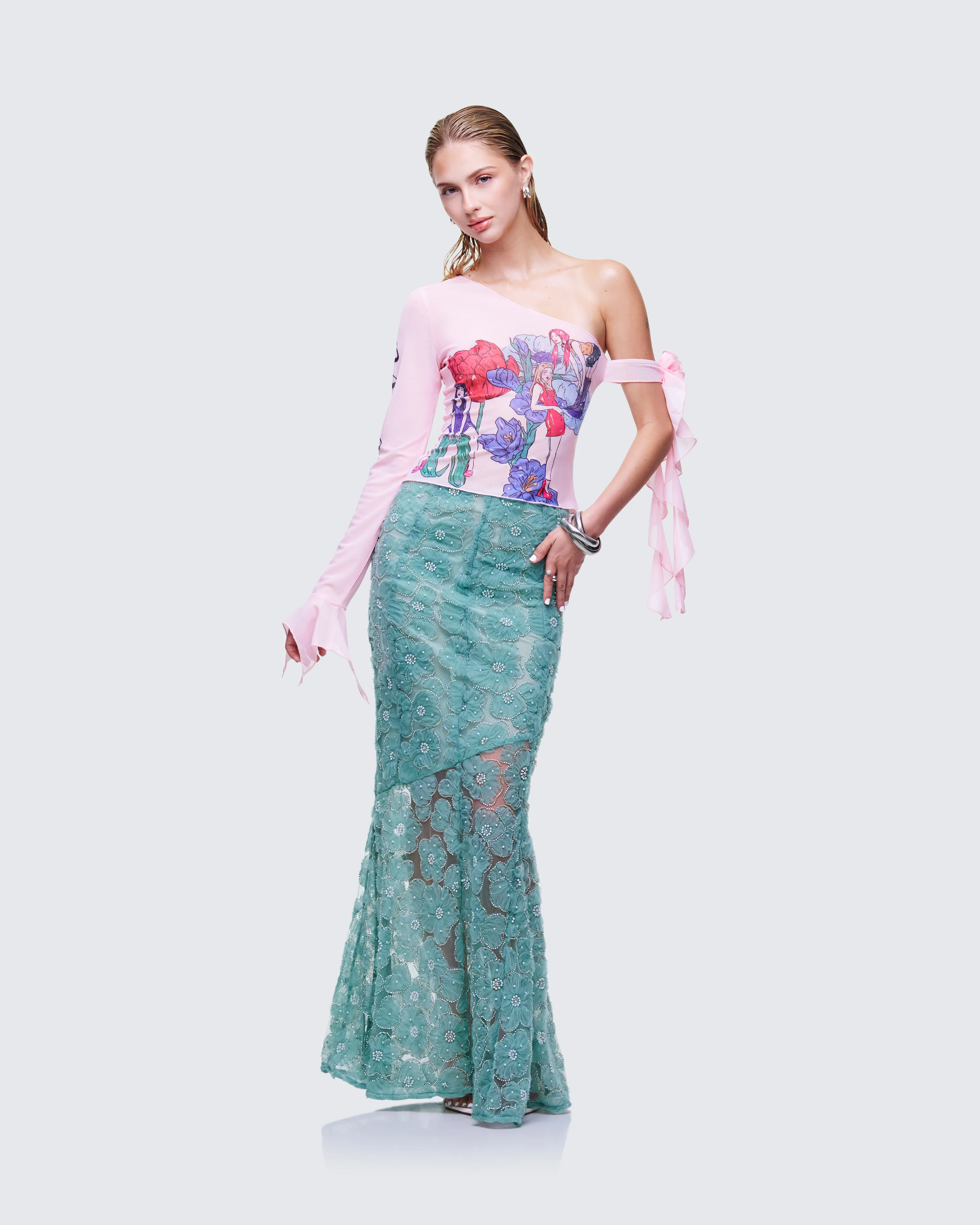 Sylphine Pink Printed Mesh Asymmetric Top - Image 5
