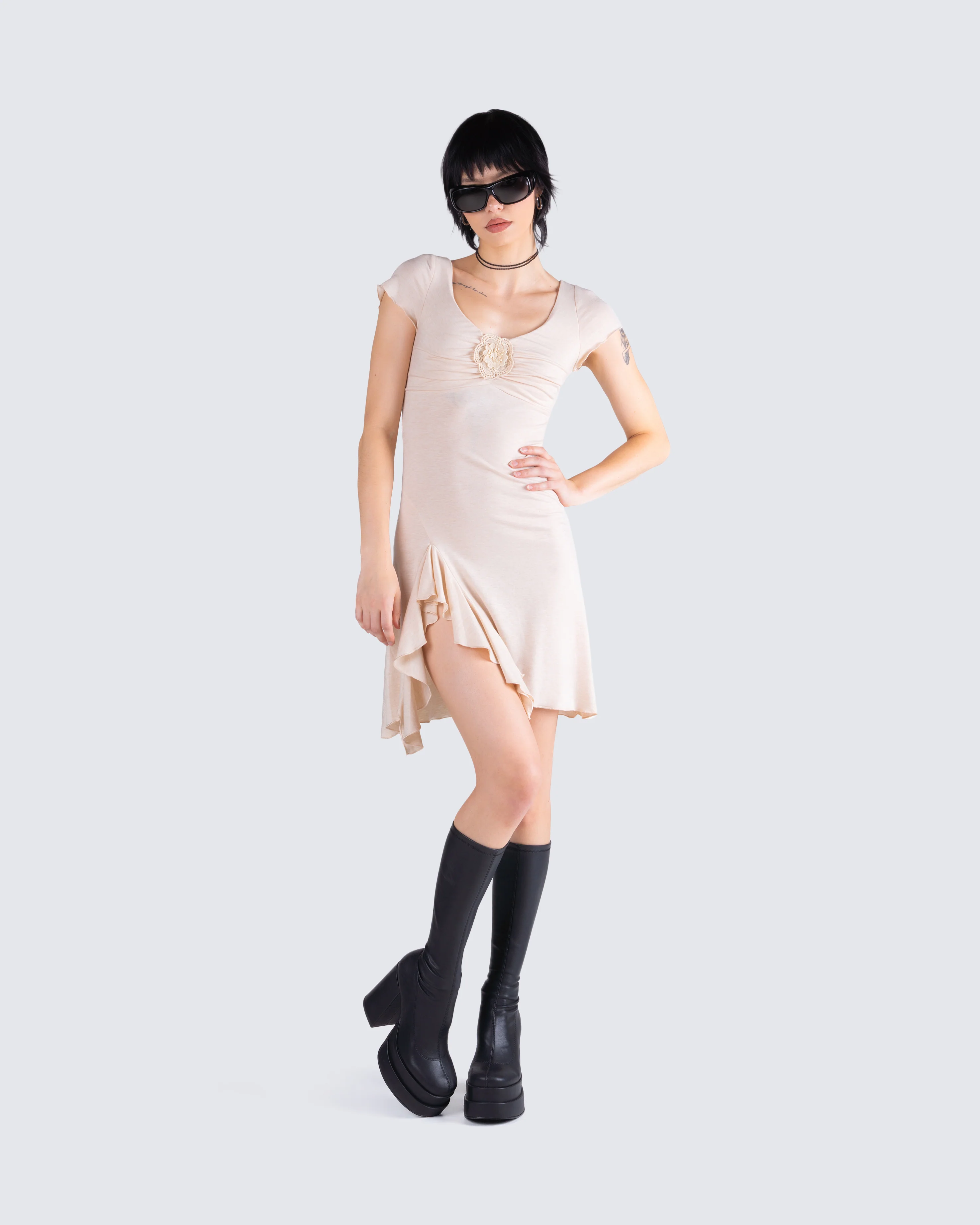 Tai Beige Jersey Ruffle Dress - Image 8