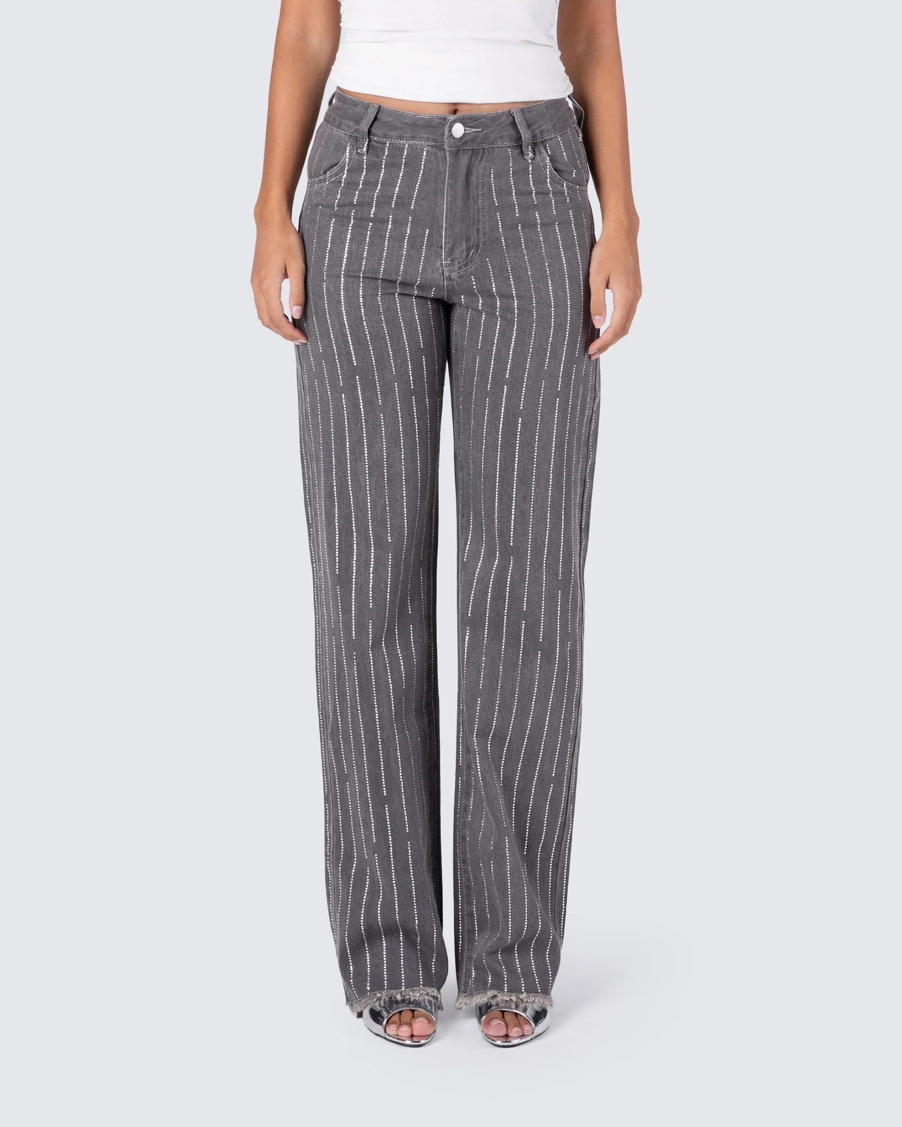 Taya Rhinestone Grey Jeans - Image 4