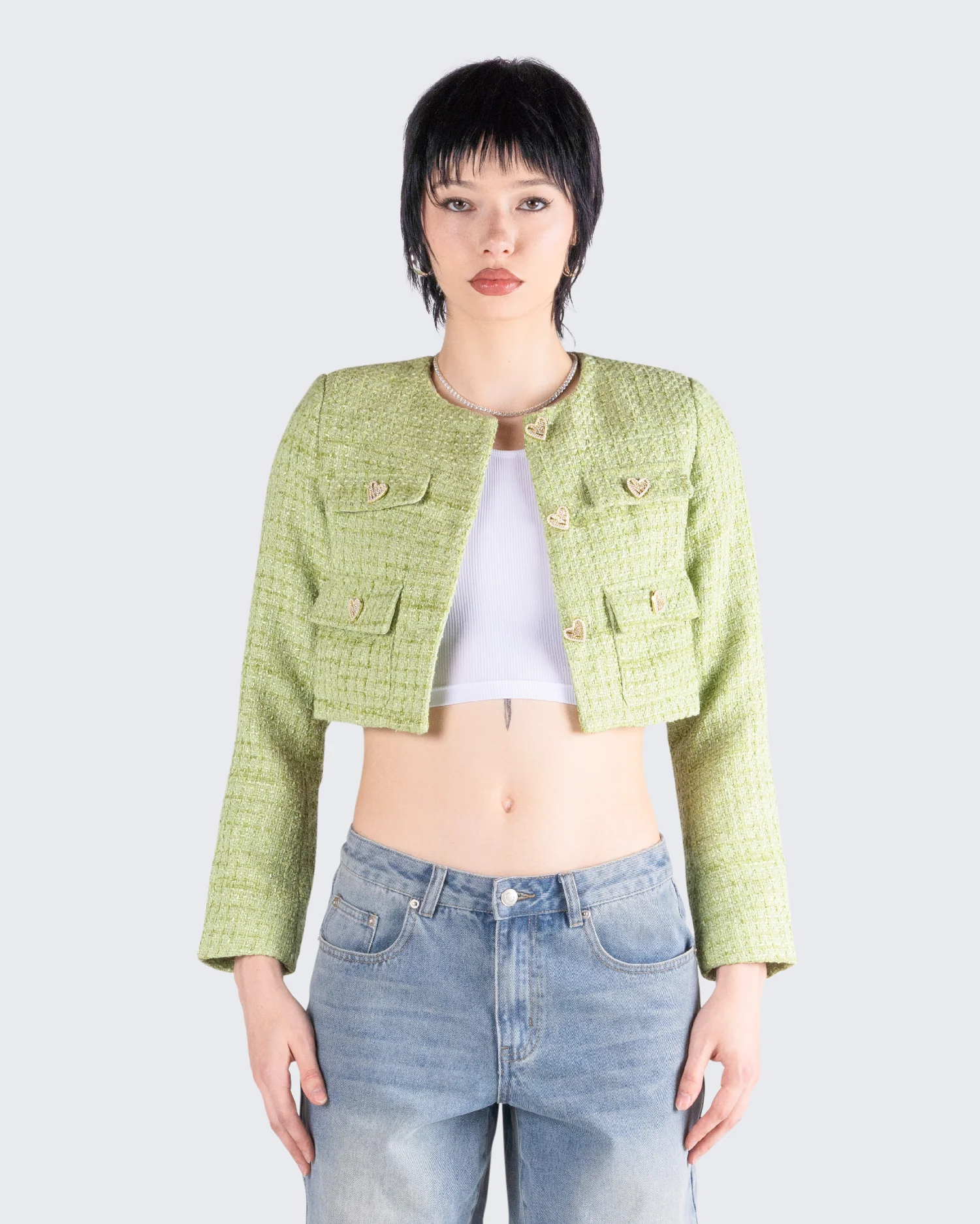 Tess Green Tweed Crop Jacket - Image 4