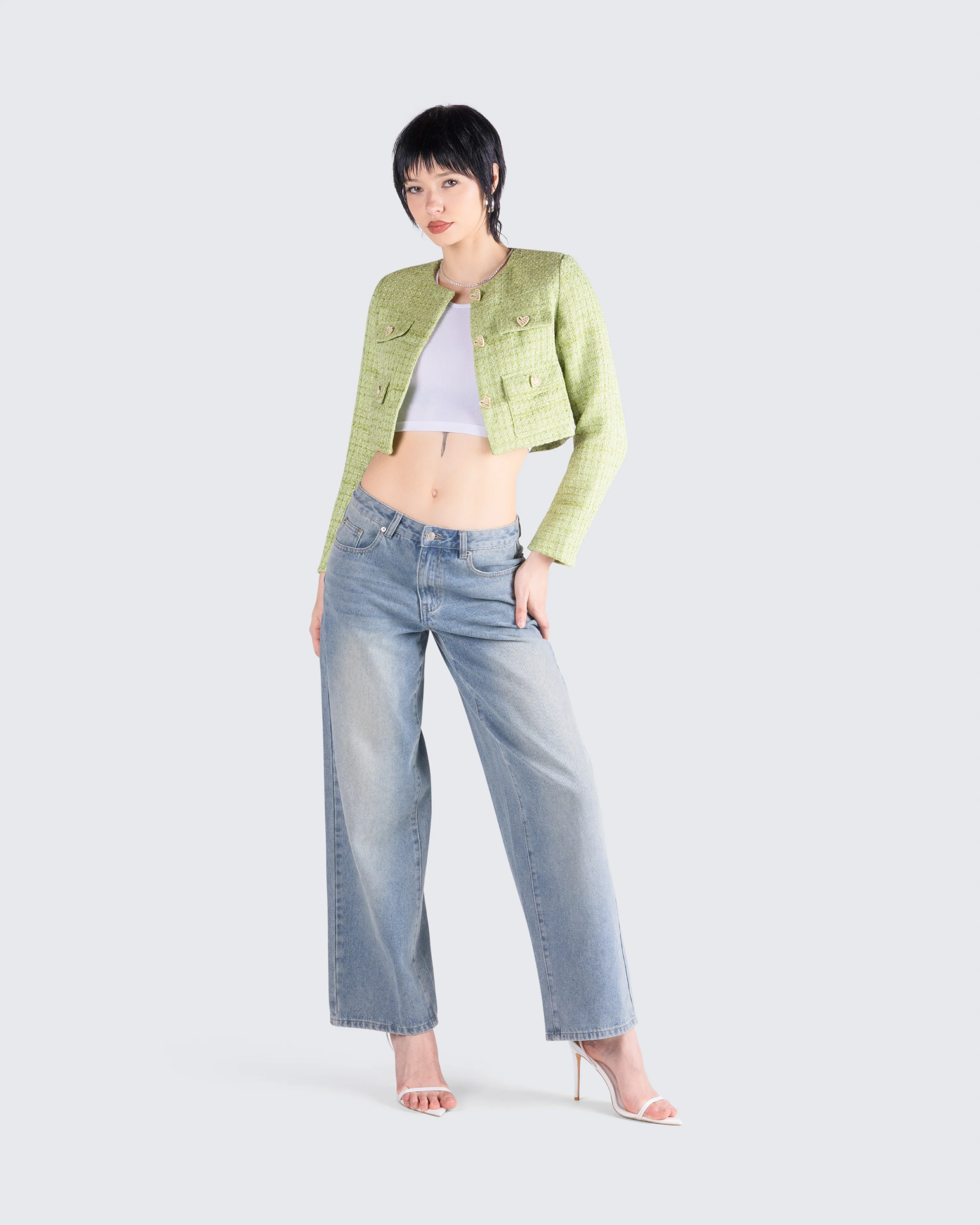 Tess Green Tweed Crop Jacket - Image 9