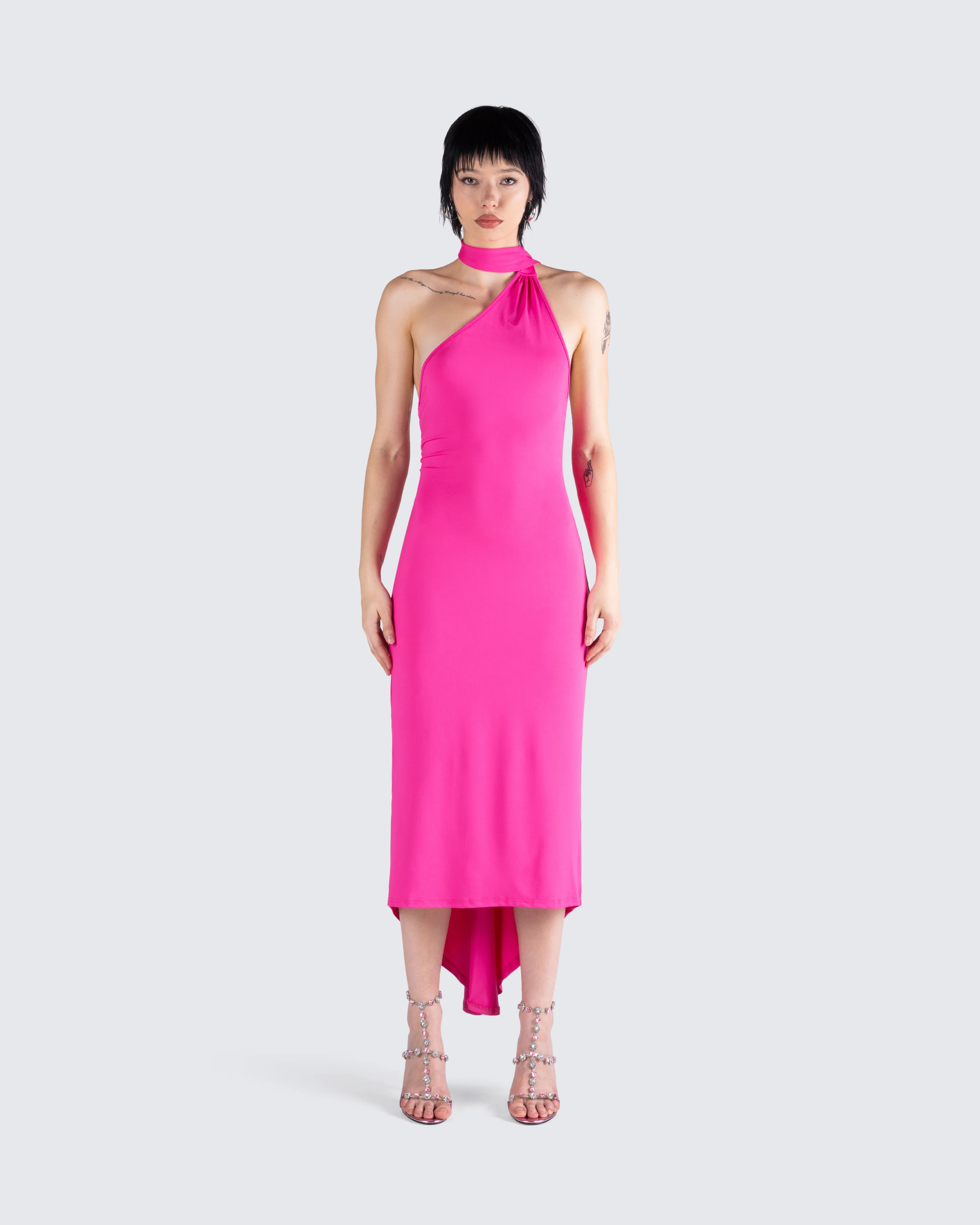 Toni Hot Pink One Shoulder Dress - Image 4