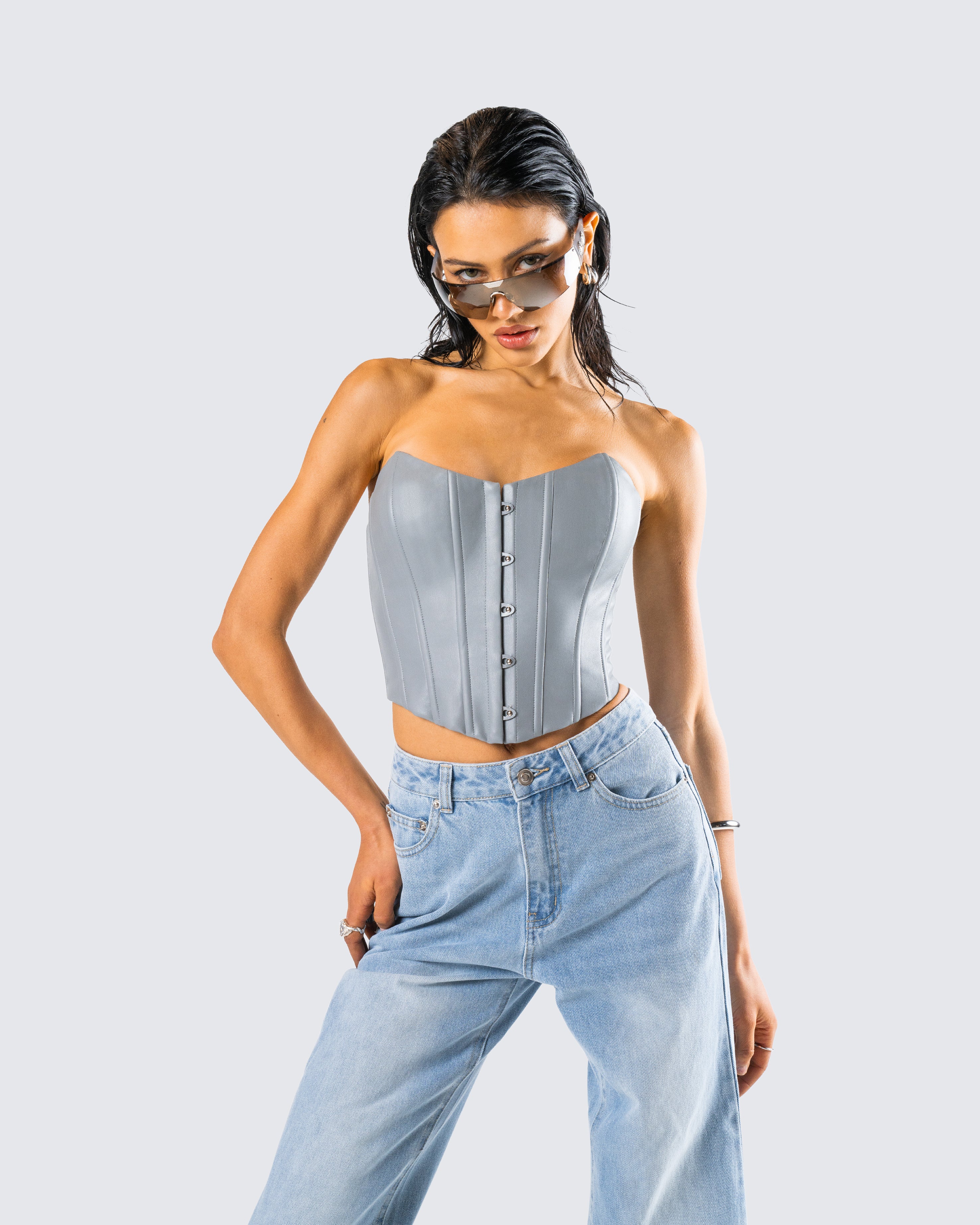 Tui Grey Vegan Leather Corset Top - Image 8