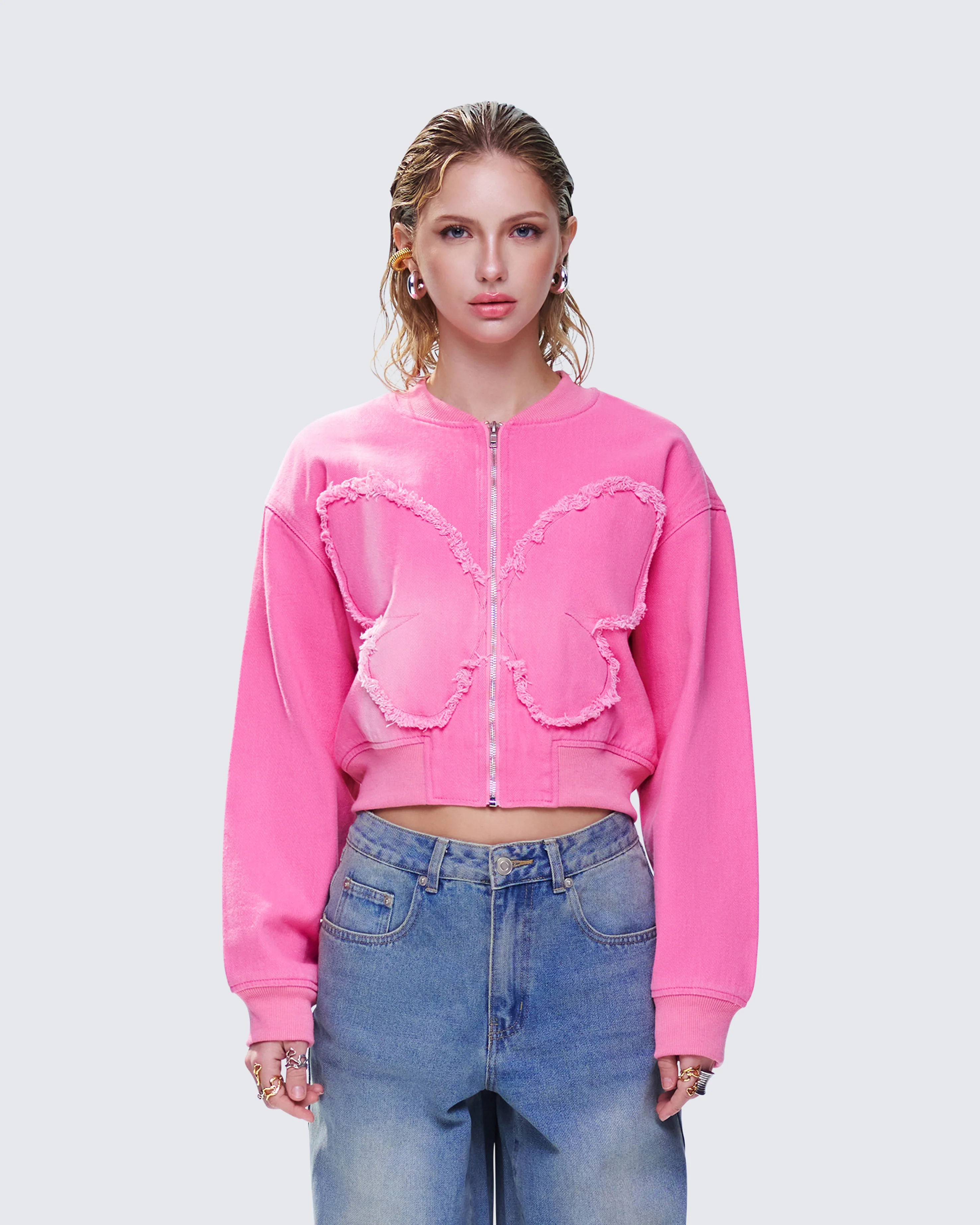Uzma Pink Denim Cropped Bomber Jacket - Image 2