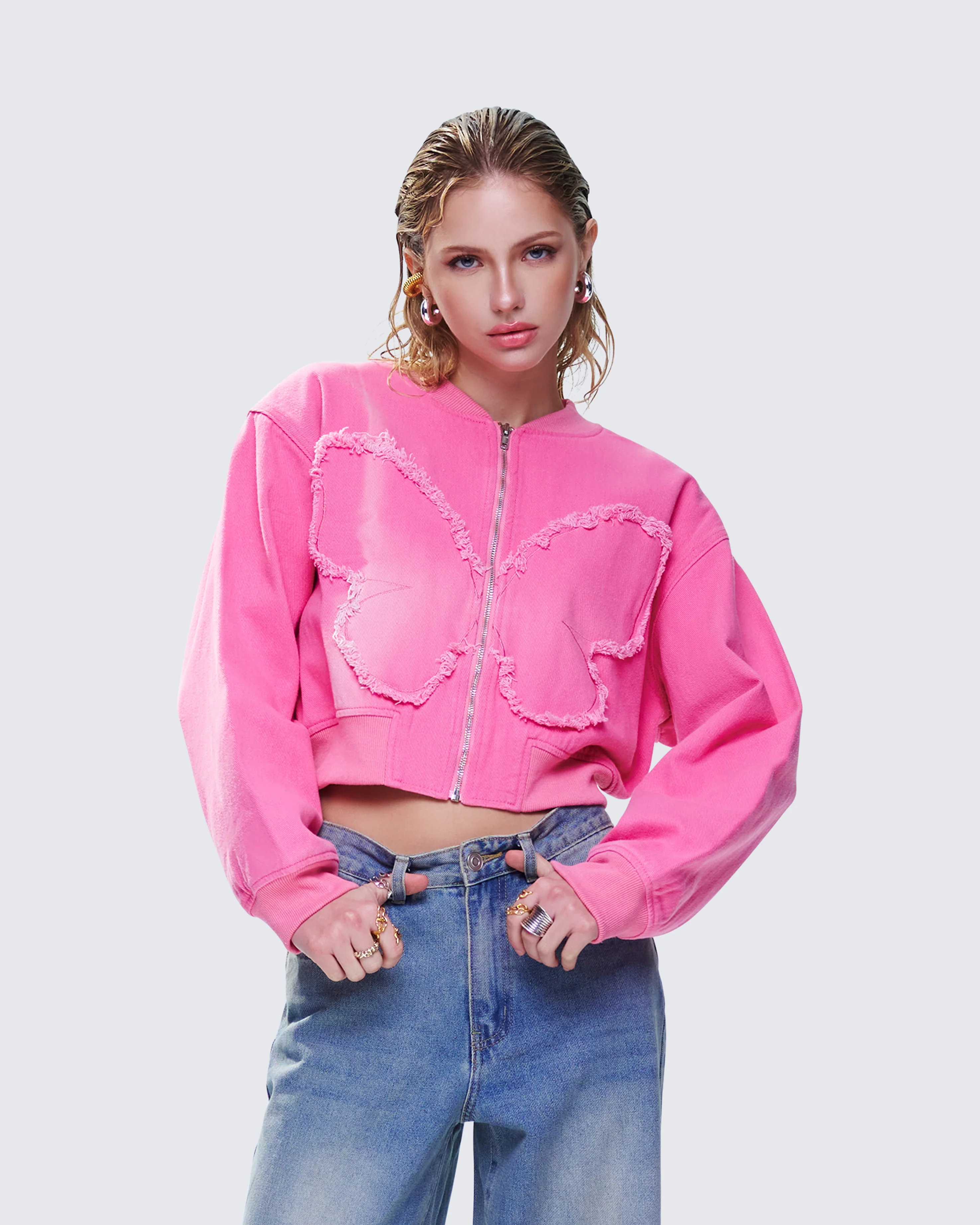 Uzma Pink Denim Cropped Bomber Jacket - Image 3
