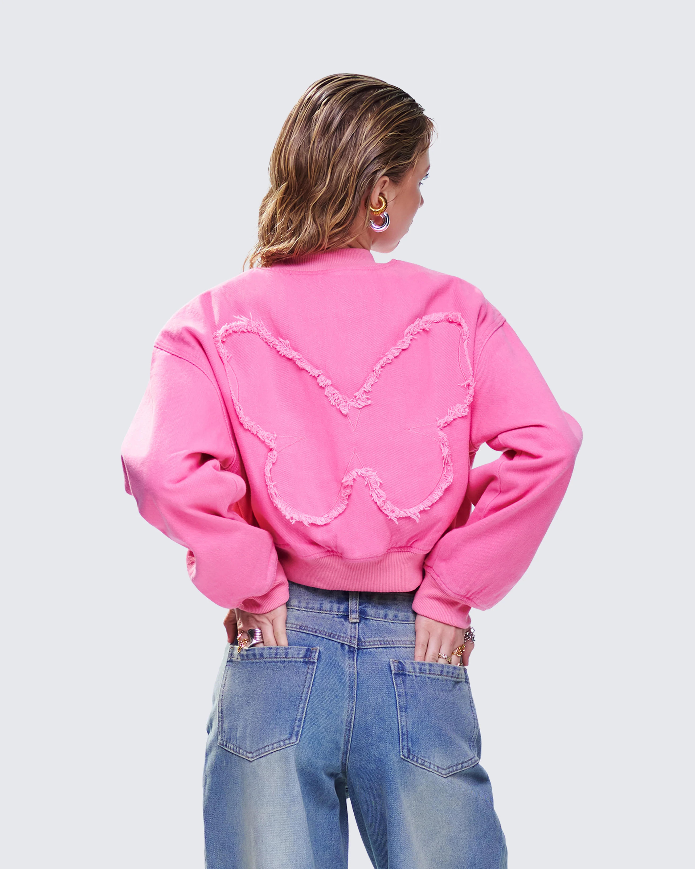 Uzma Pink Denim Cropped Bomber Jacket - Image 5