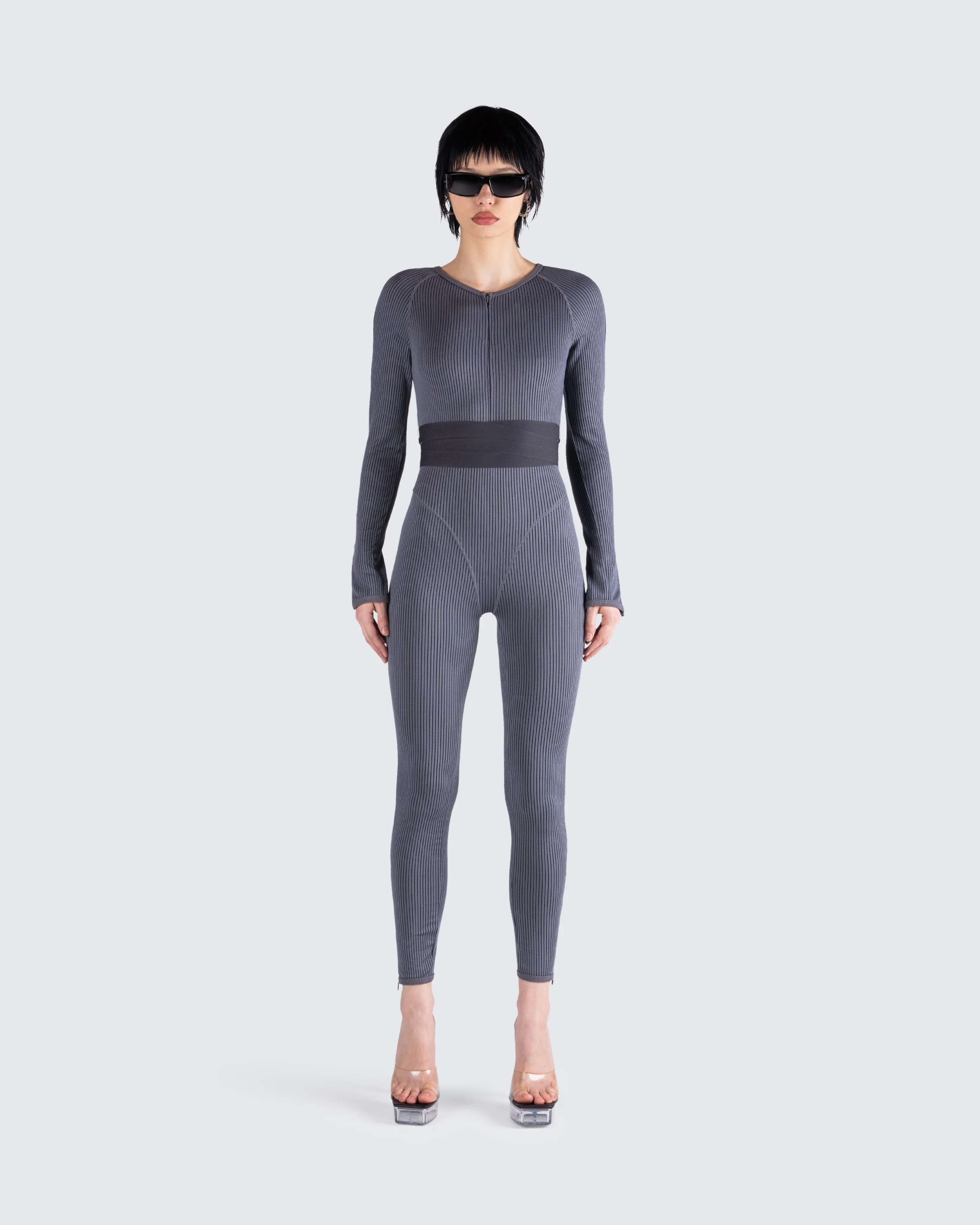 Vilma Grey Rib Zip Jumpsuit - Image 4