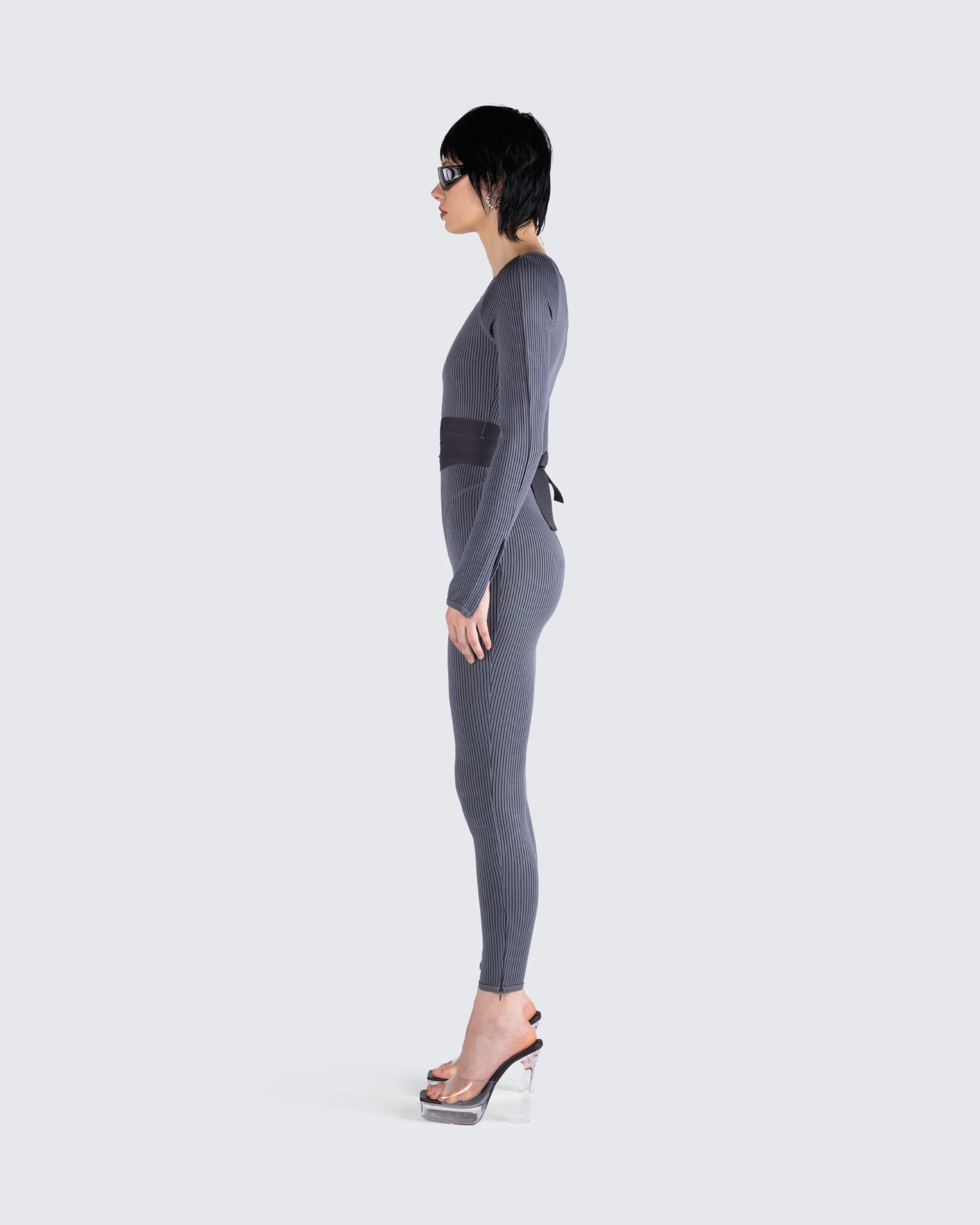 Vilma Grey Rib Zip Jumpsuit - Image 5