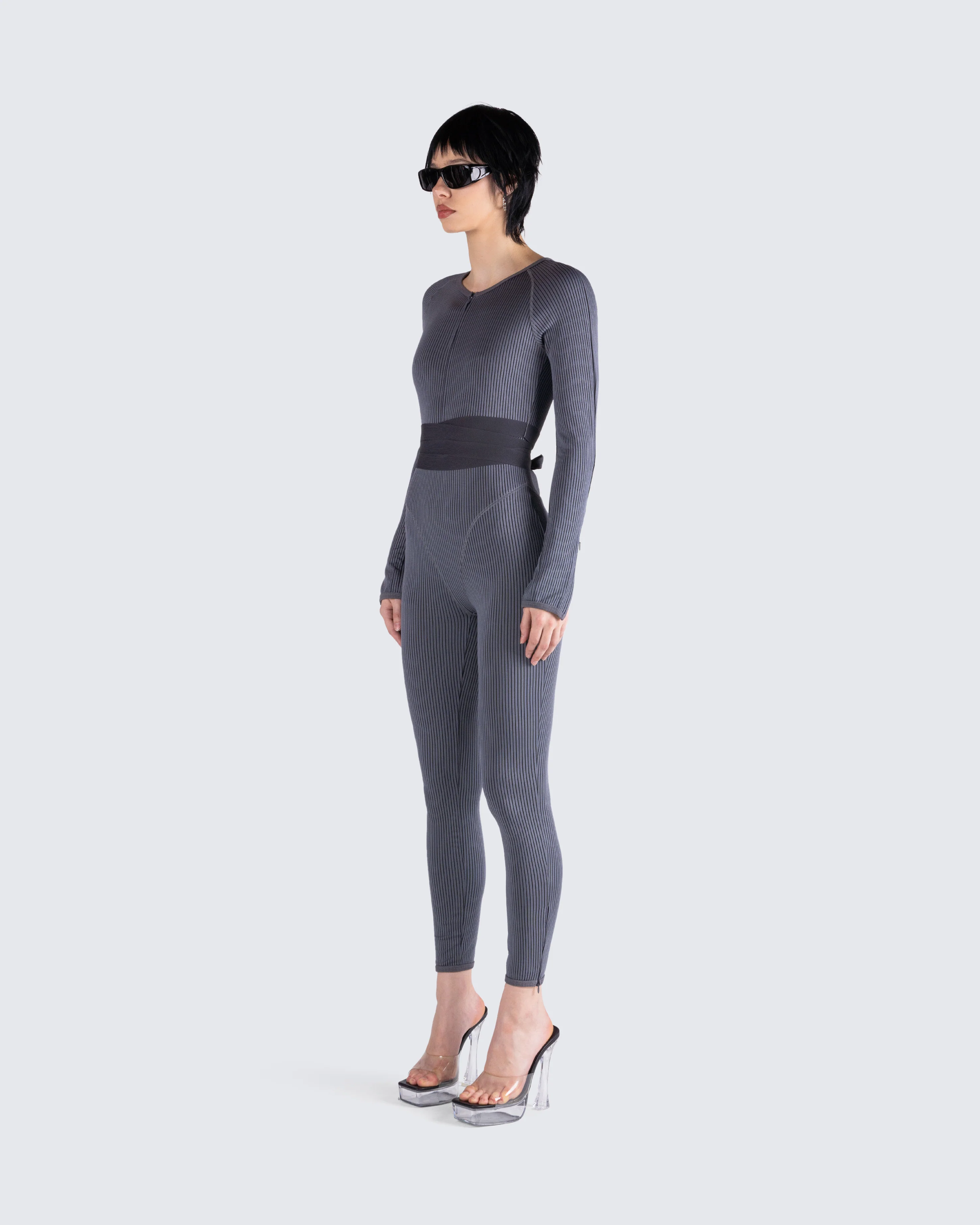 Vilma Grey Rib Zip Jumpsuit - Image 7