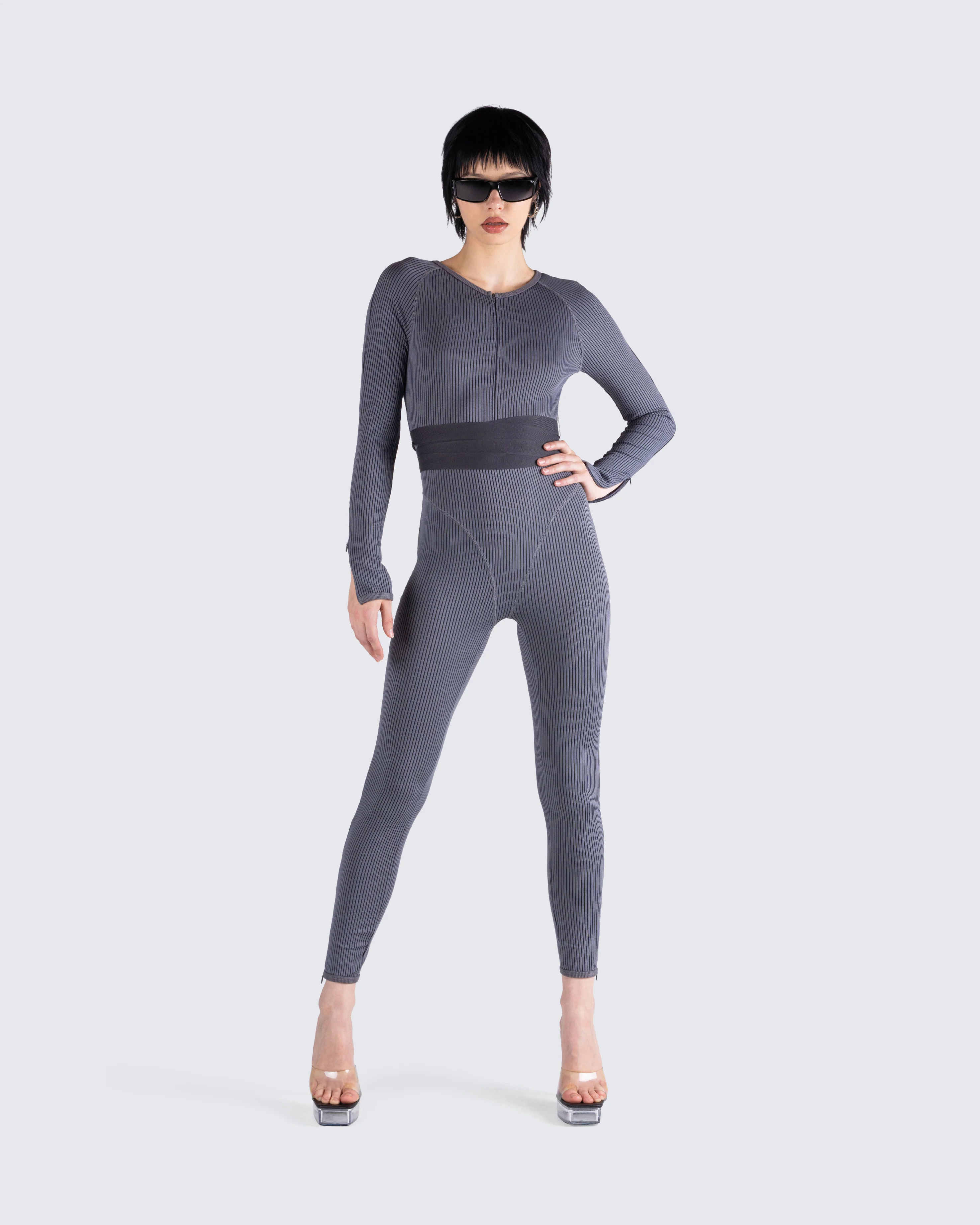Vilma Grey Rib Zip Jumpsuit - Image 8