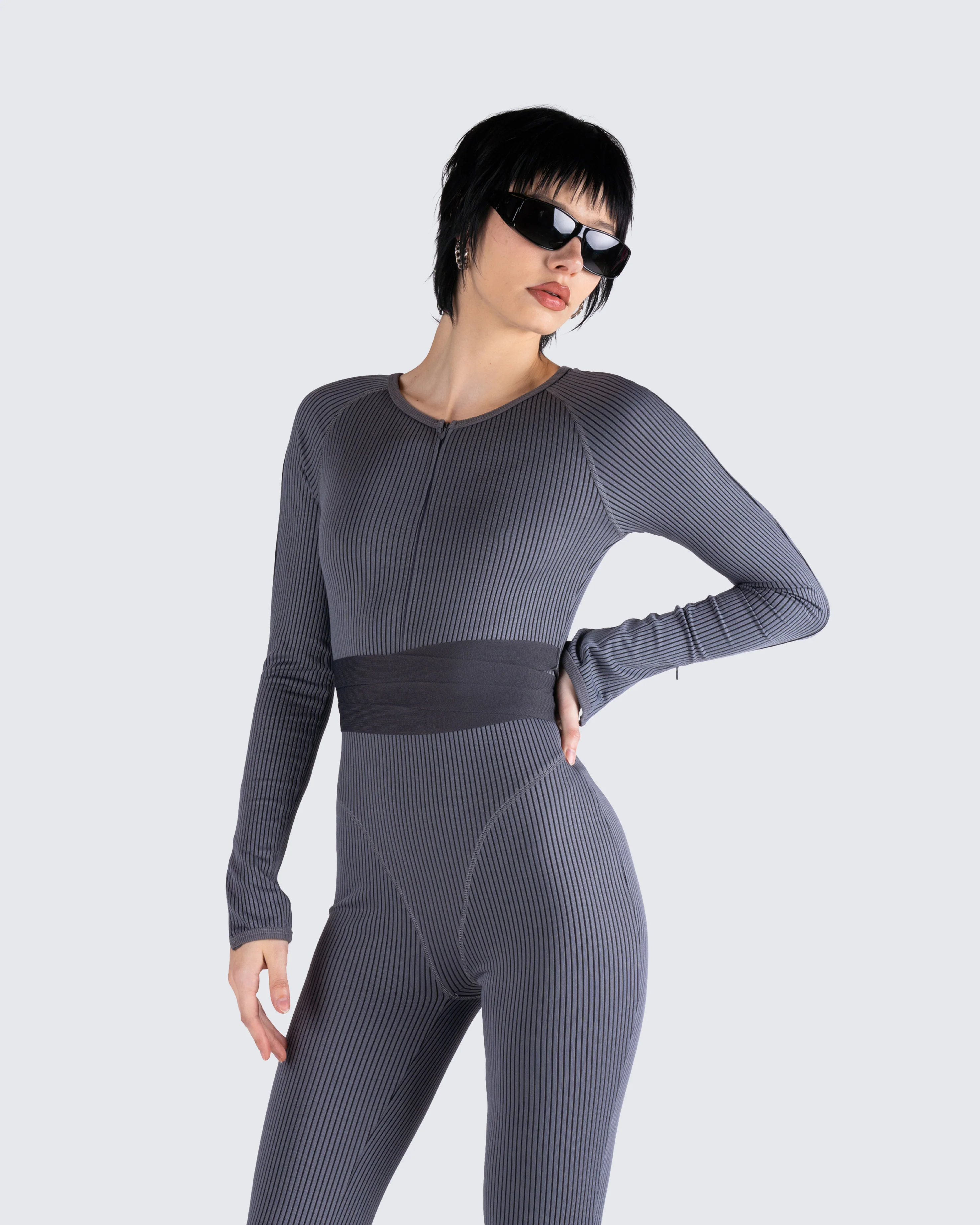 Vilma Grey Rib Zip Jumpsuit - Image 9