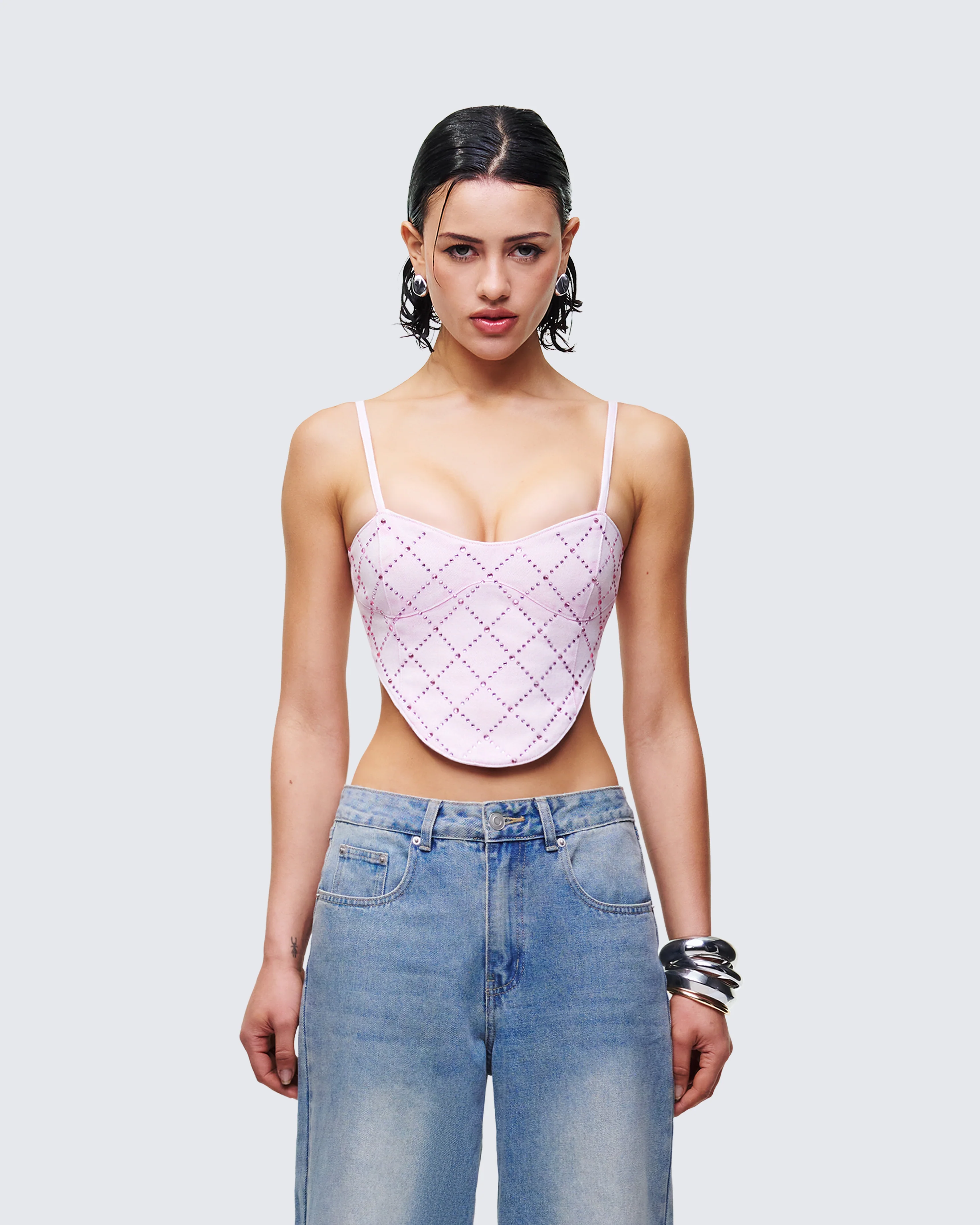 Viora Pink Acid Denim Diamonte Corset Top - Image 2
