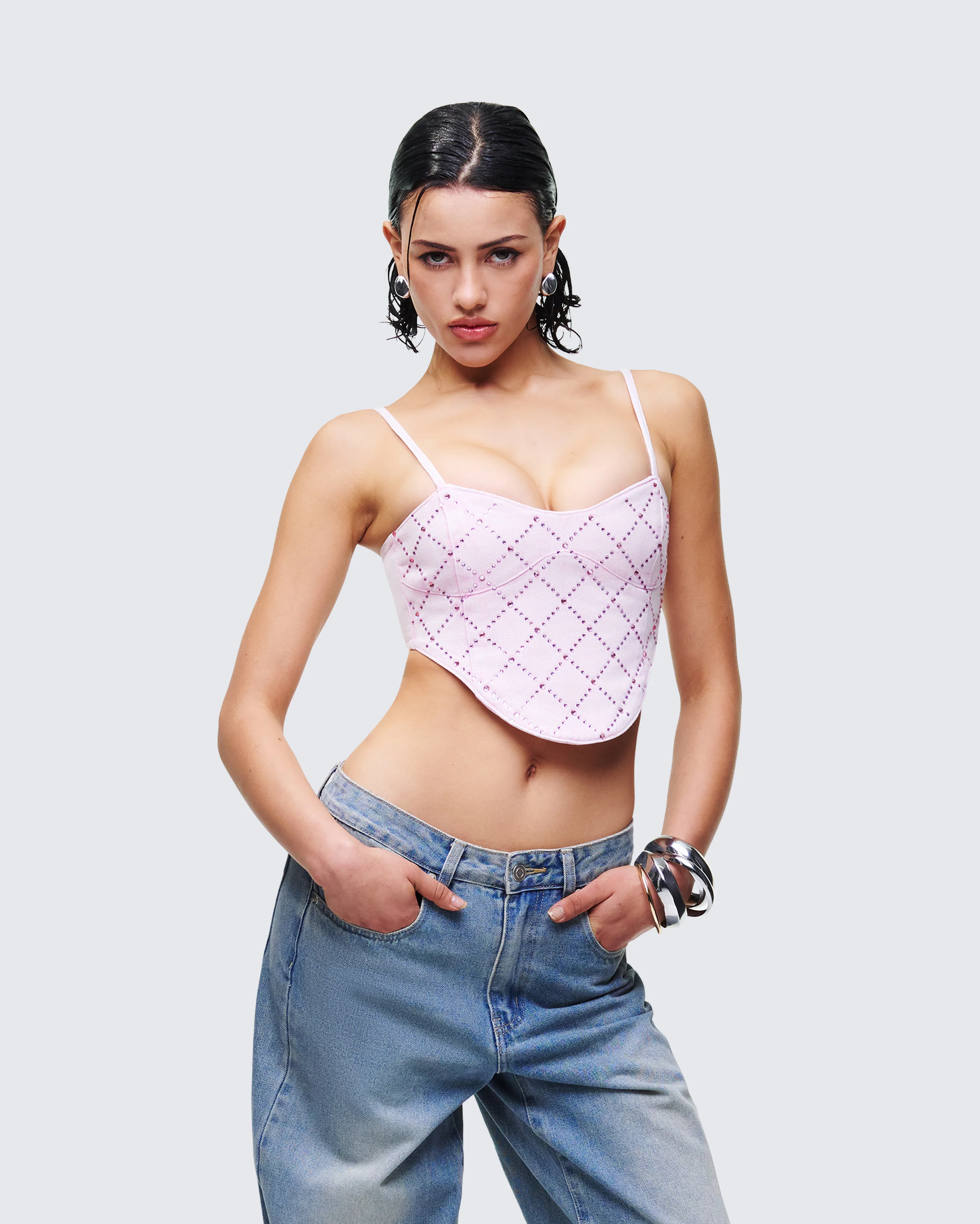 Viora Pink Acid Denim Diamonte Corset Top - Image 3