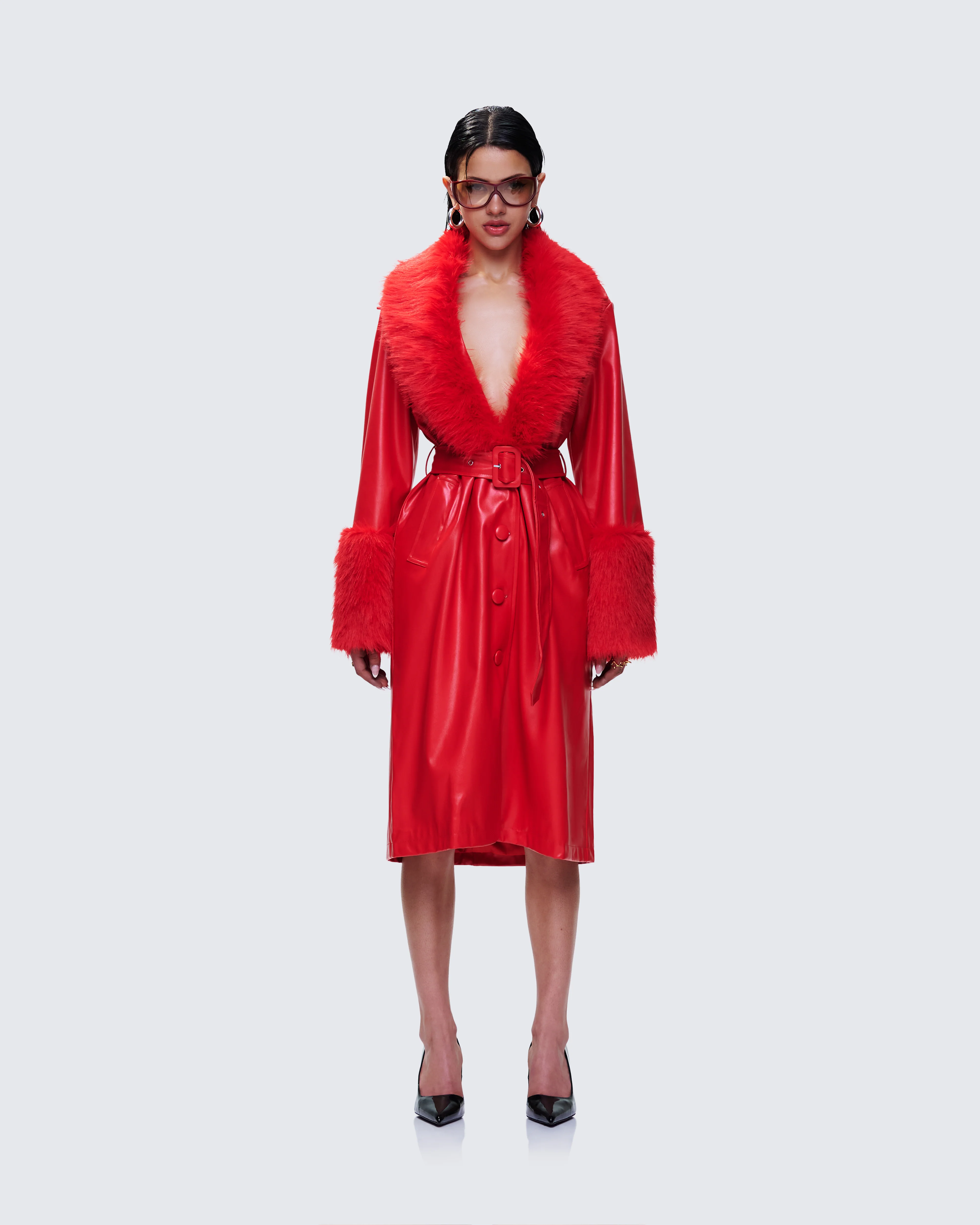 Willa Red Vegan Fur Leather Coat - Image 4