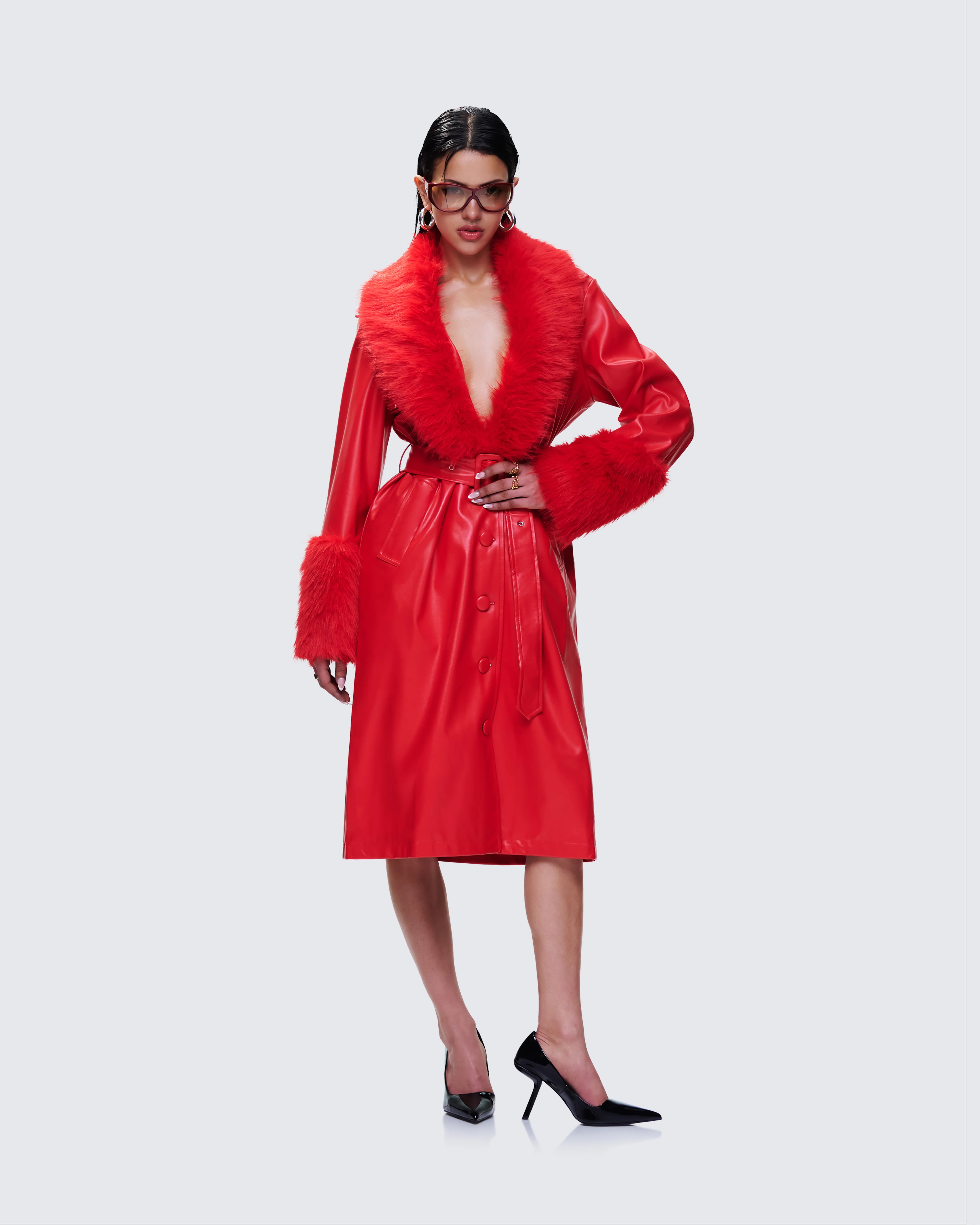 Willa Red Vegan Fur Leather Coat - Image 5