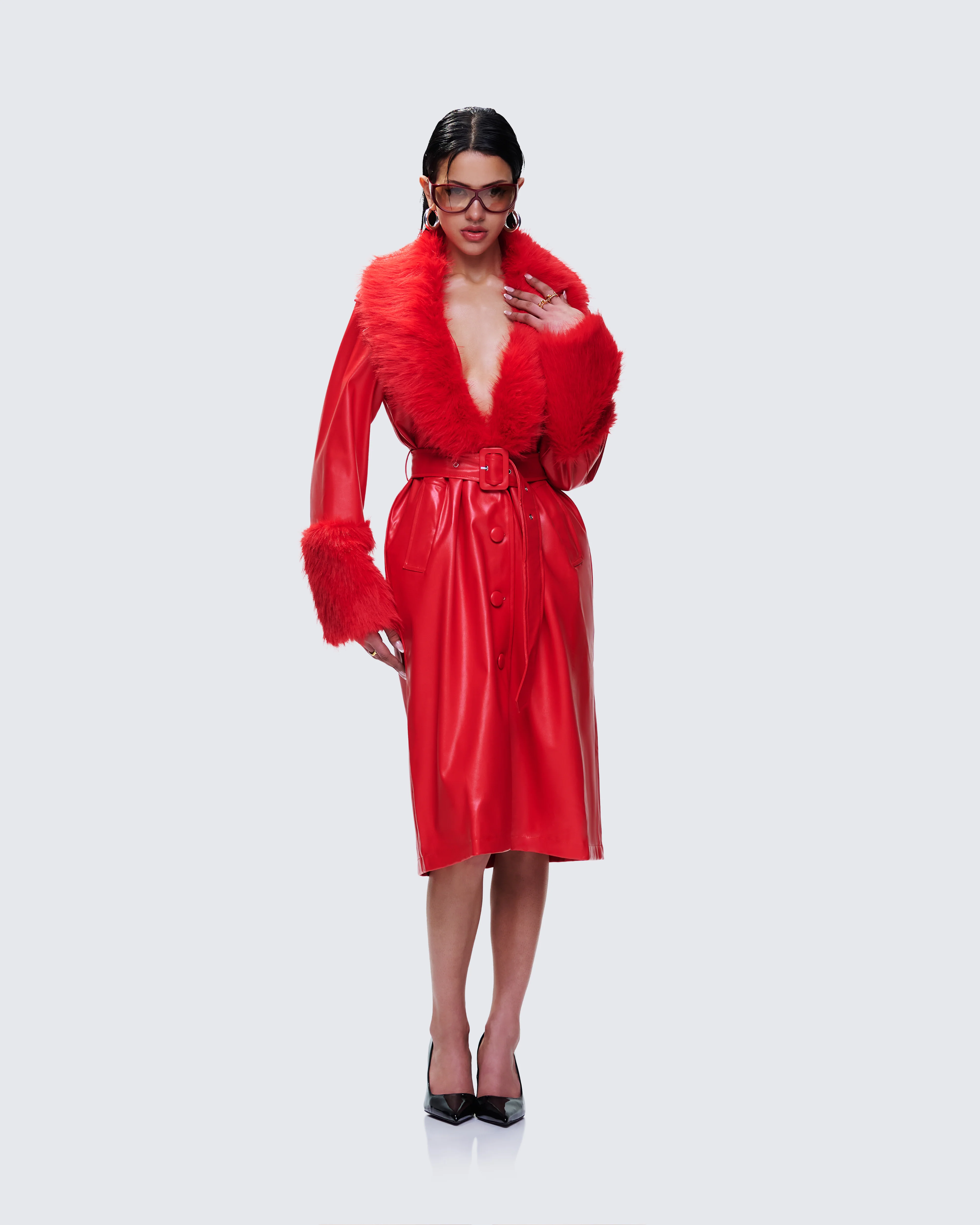 Willa Red Vegan Fur Leather Coat - Image 6