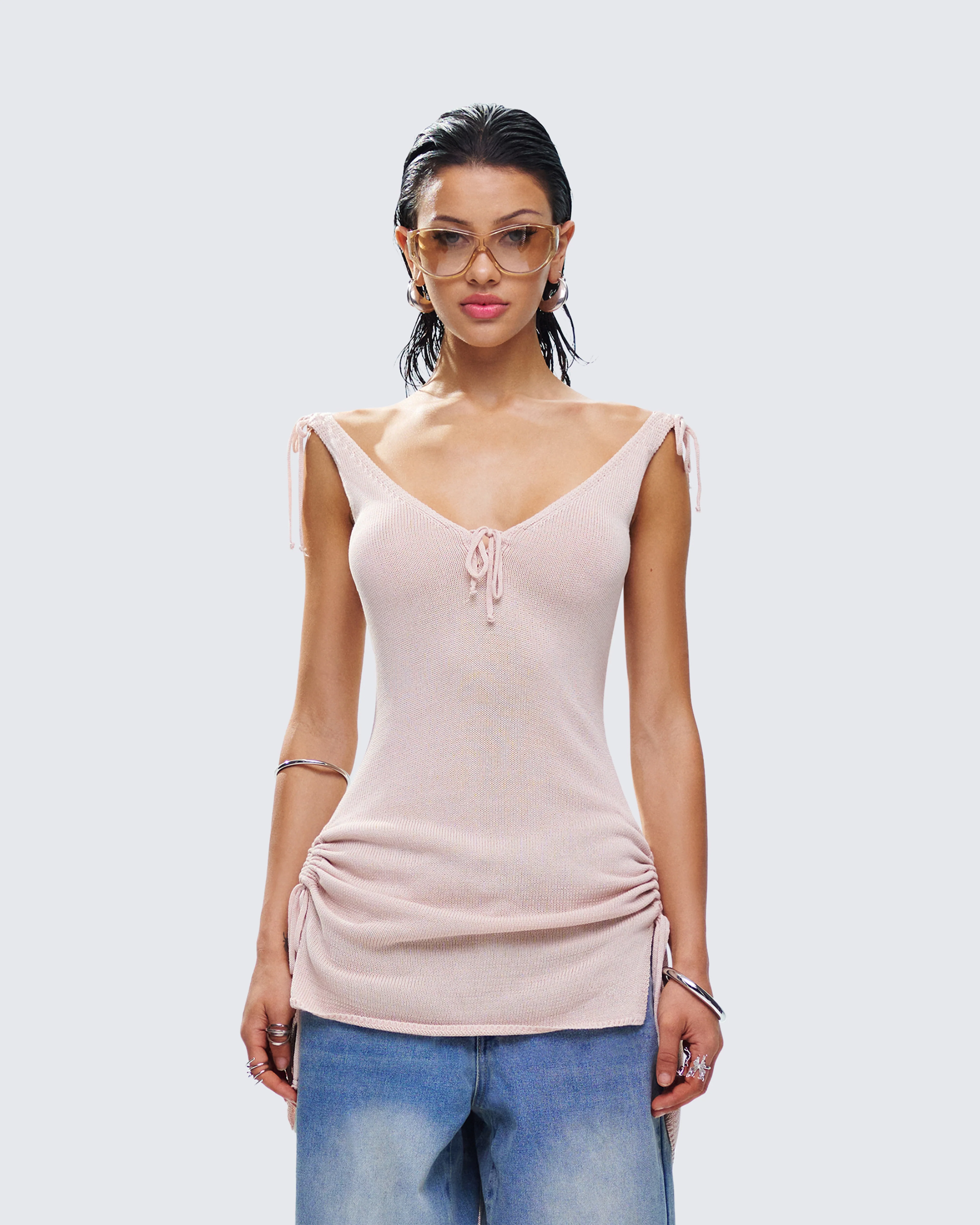 Wrenley Beige Ruched Sweater Top - Image 4