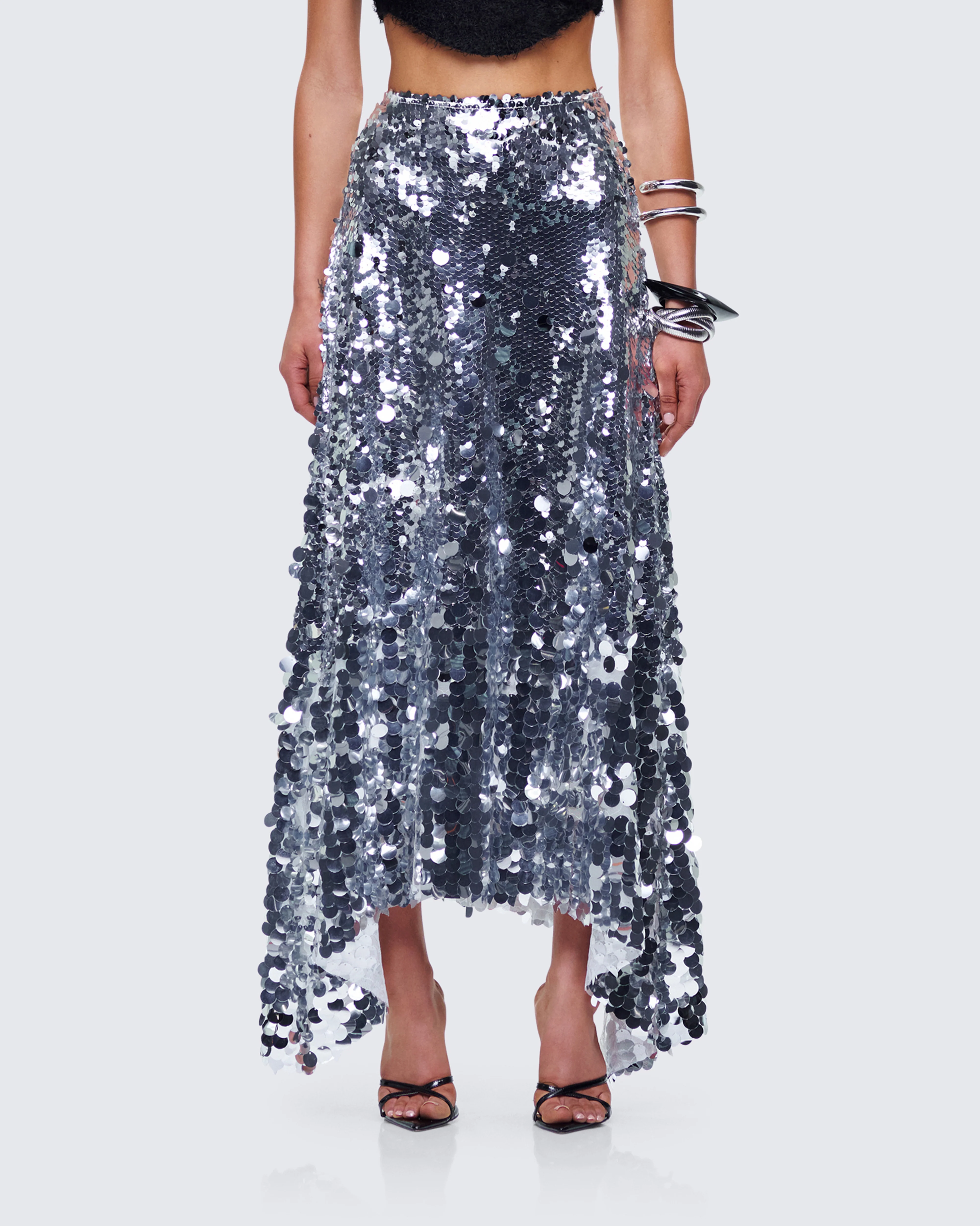 Wyn Metallic Silver Sequin Maxi Skirt - Image 4