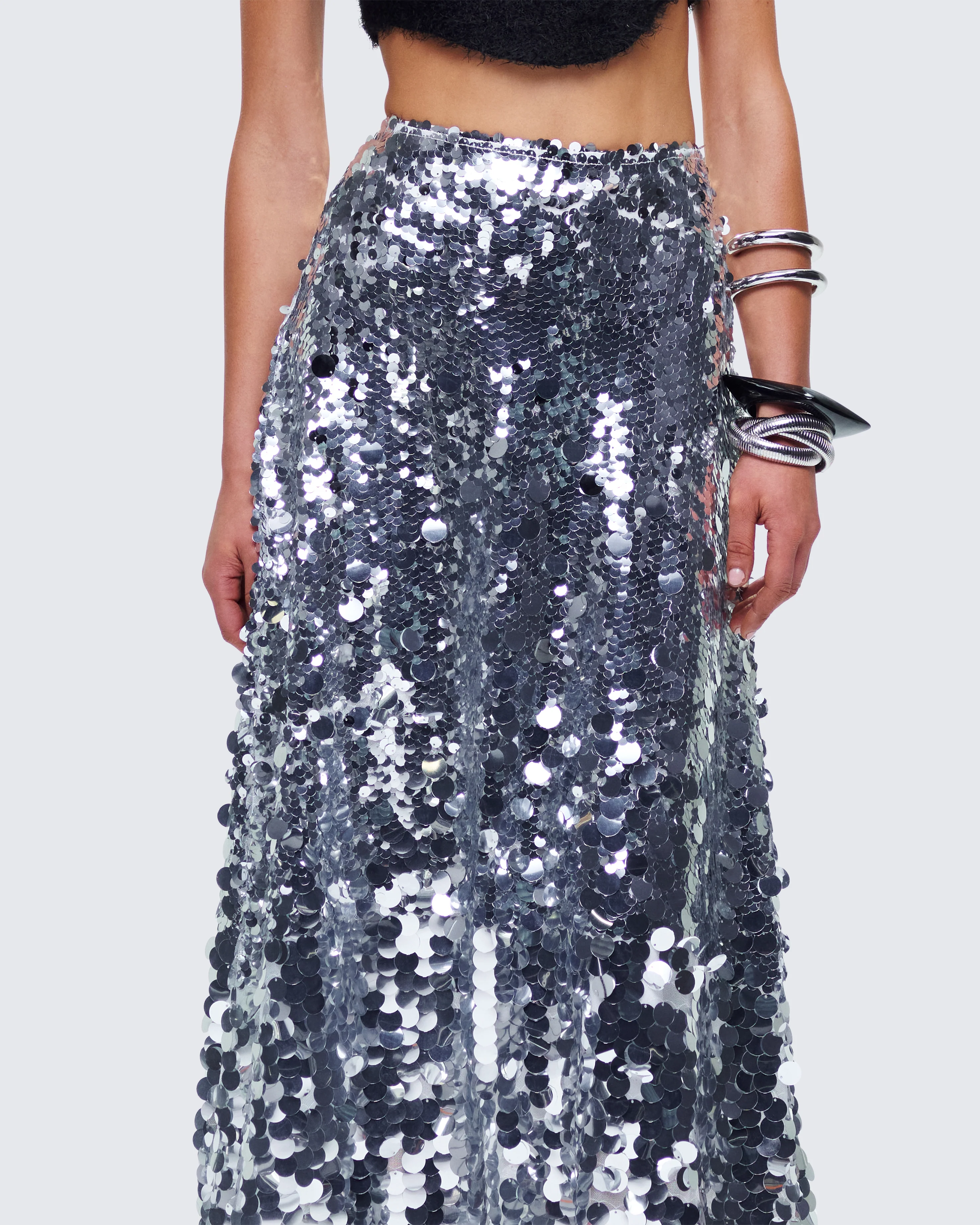 Wyn Metallic Silver Sequin Maxi Skirt - Image 7
